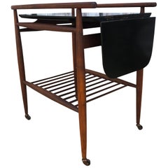 Midcentury Danish walnut Bar Cart Flip Down Black Lacquer Top server