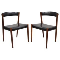 Midcentury Danish Teak Barrel Back Curved Black Vinyl Dining Side Chairs, Pair