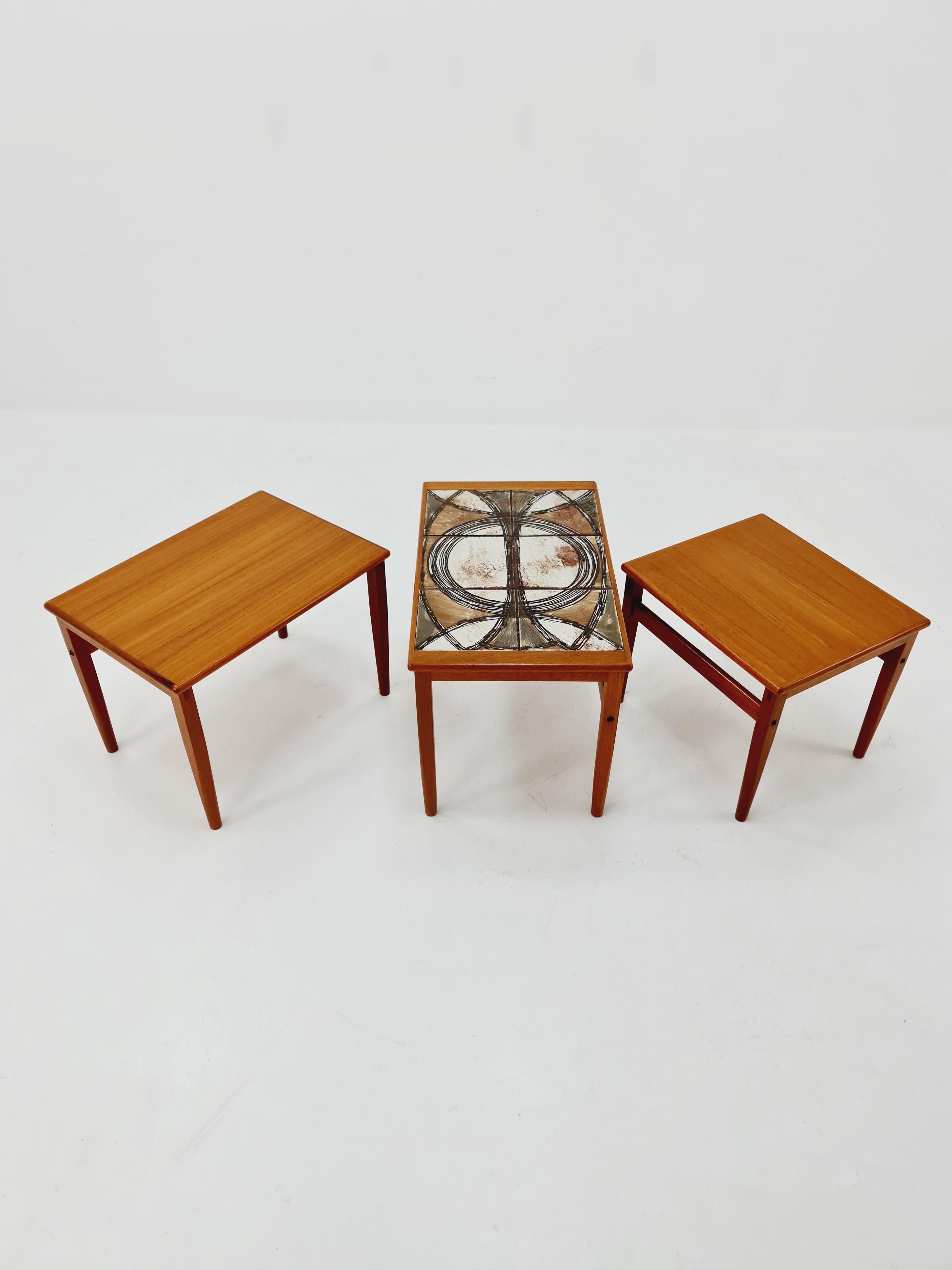 Midcentury danish teak + ceramic By OX Art  nesting tables/ side tables by Trioh For Sale 3