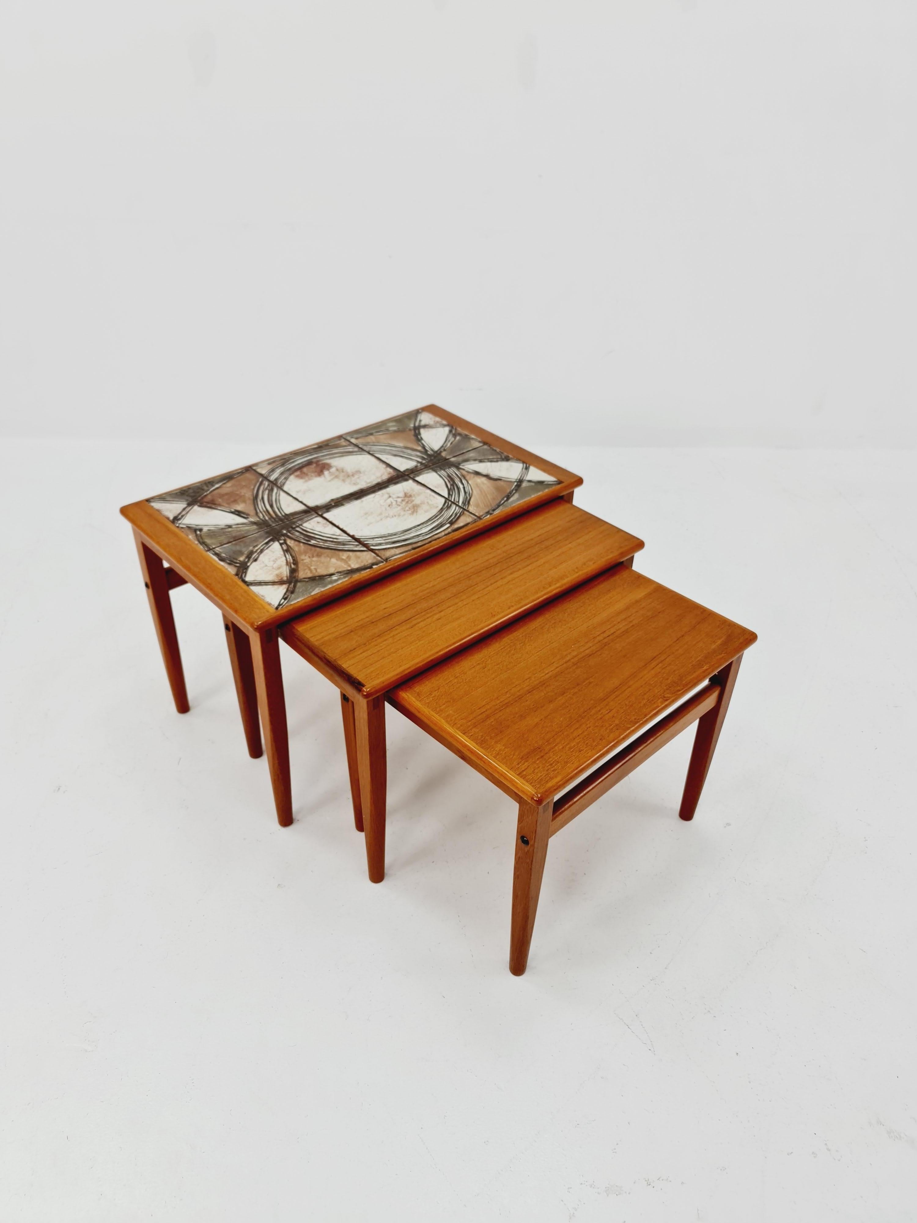 Midcentury danish teak + ceramic By OX Art  nesting tables/ side tables by Trioh For Sale 4