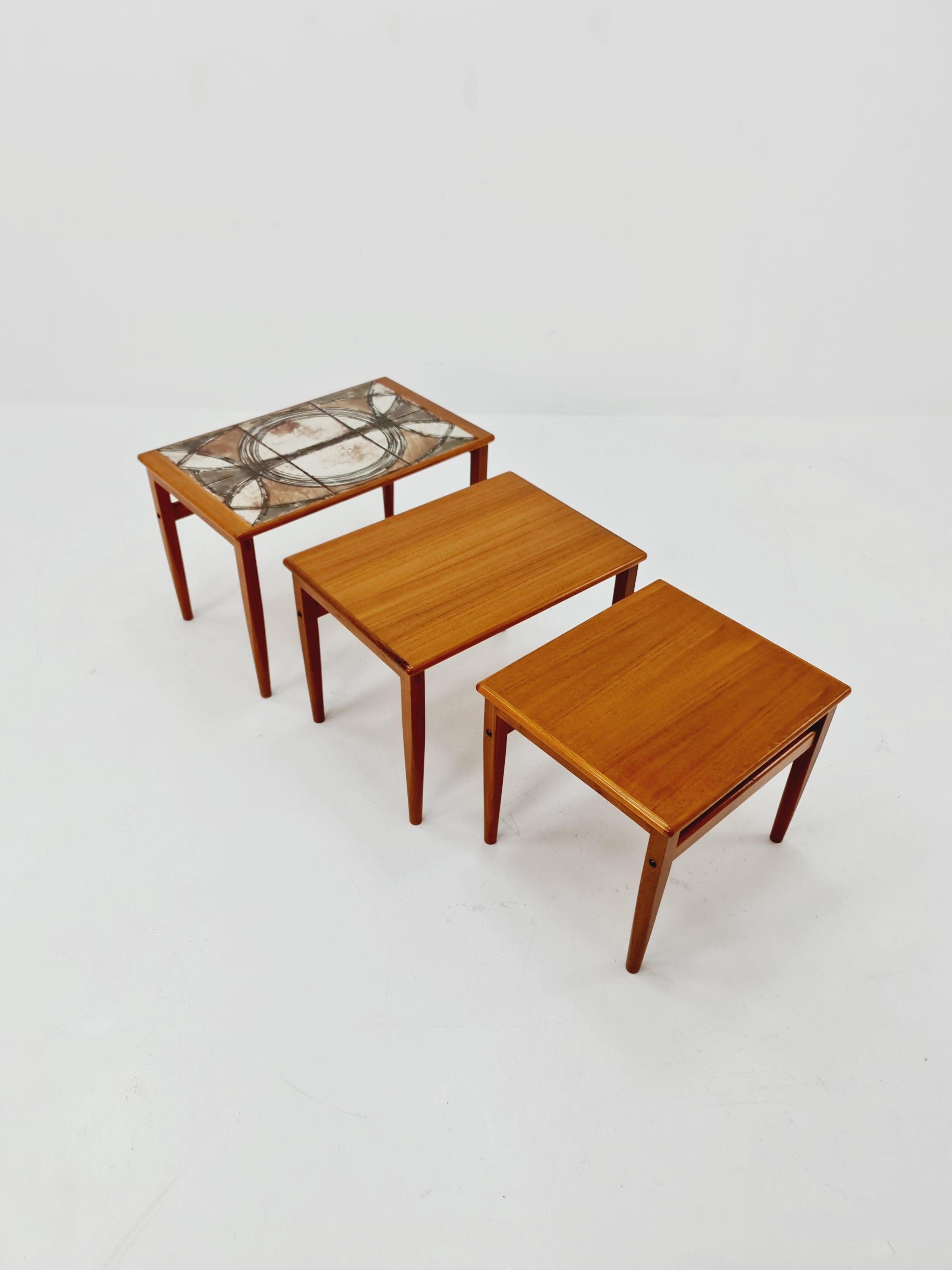 Midcentury danish teak + ceramic By OX Art  nesting tables/ side tables by Trioh For Sale 6