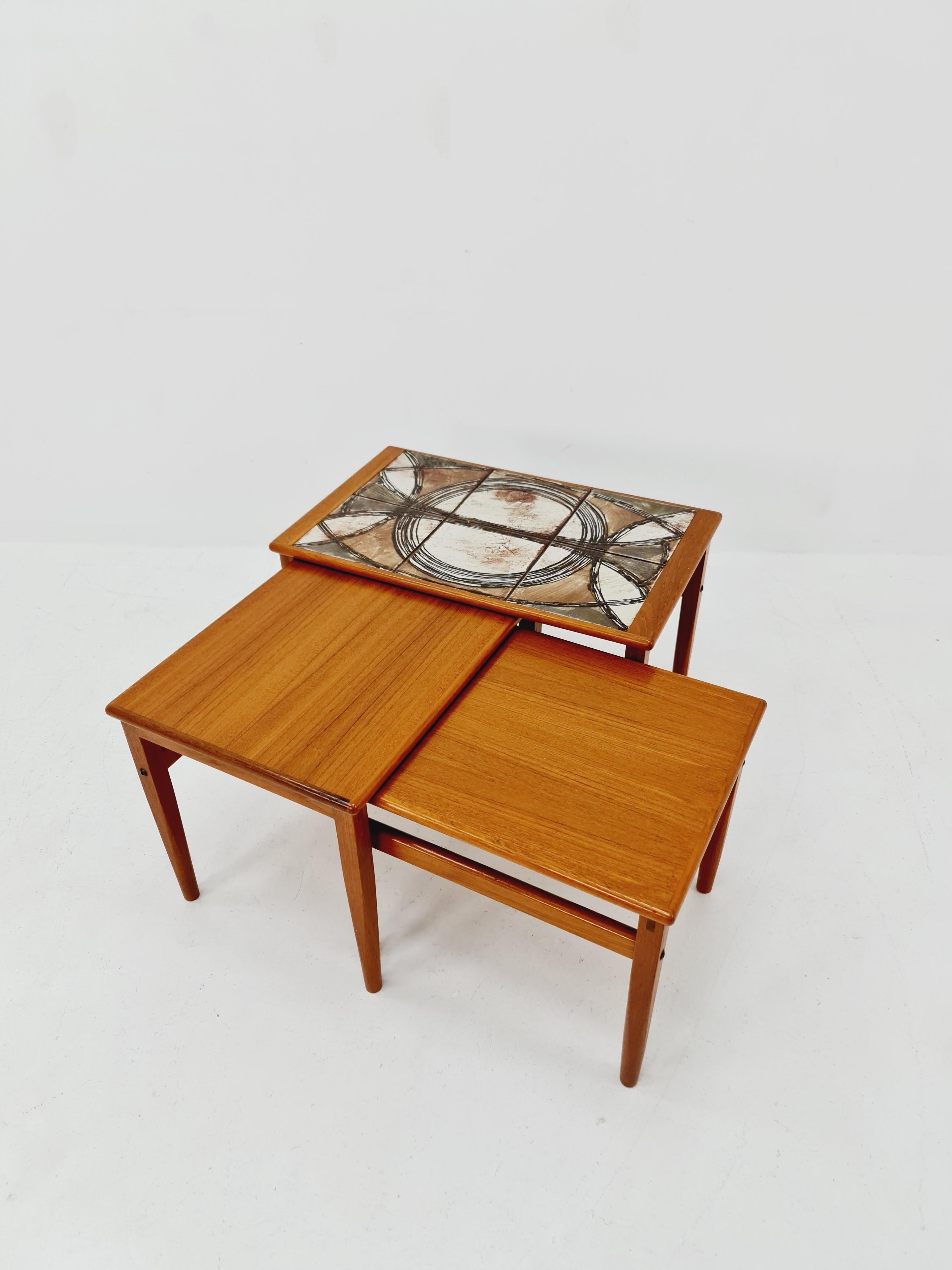 Midcentury danish teak + ceramic By OX Art  nesting tables/ side tables by Trioh For Sale 1