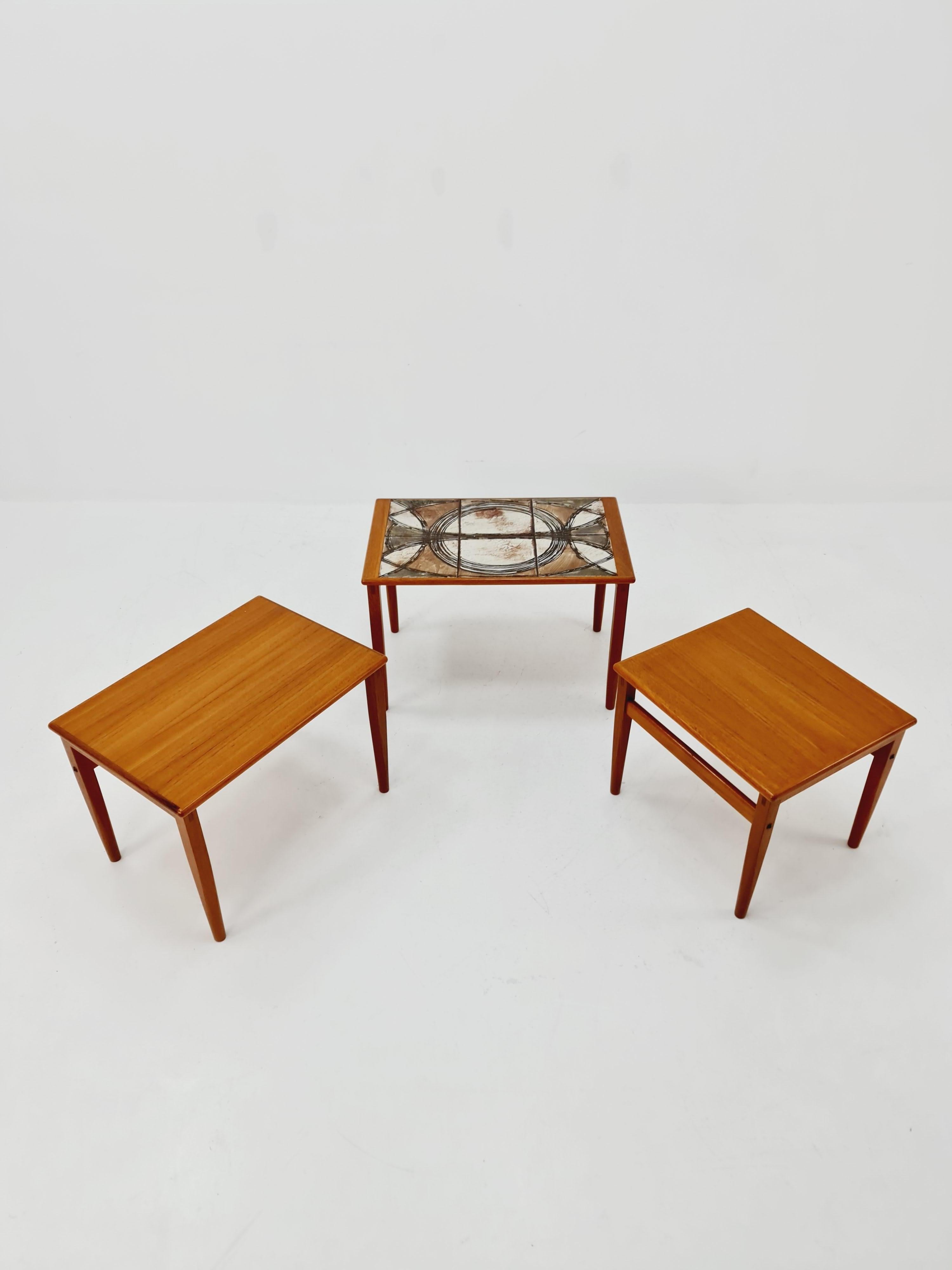 Midcentury danish teak + ceramic By OX Art  nesting tables/ side tables by Trioh For Sale 2