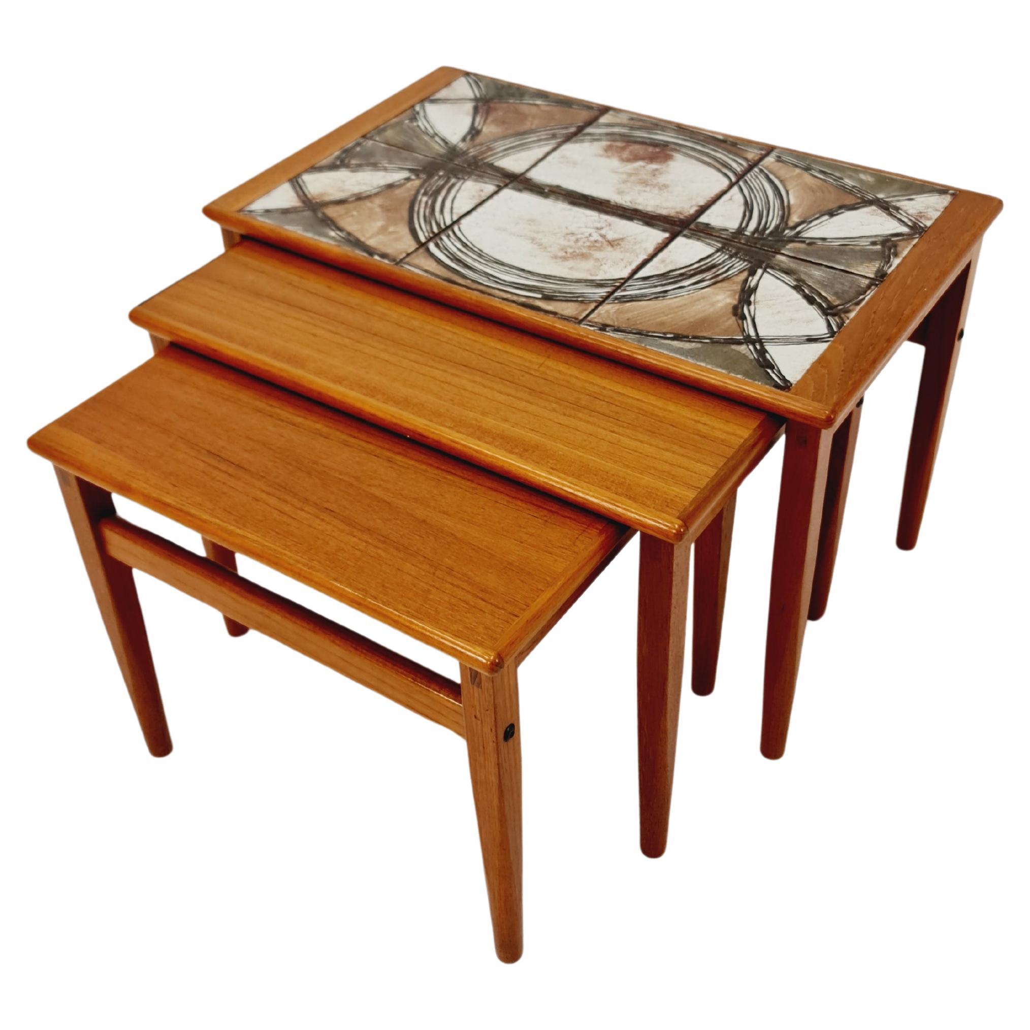 Midcentury danish teak + ceramic By OX Art  nesting tables/ side tables by Trioh For Sale