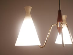 Midcentury Danish Triple Milk Glass and Teak Wood Pendant Lamp by Fog & Morup