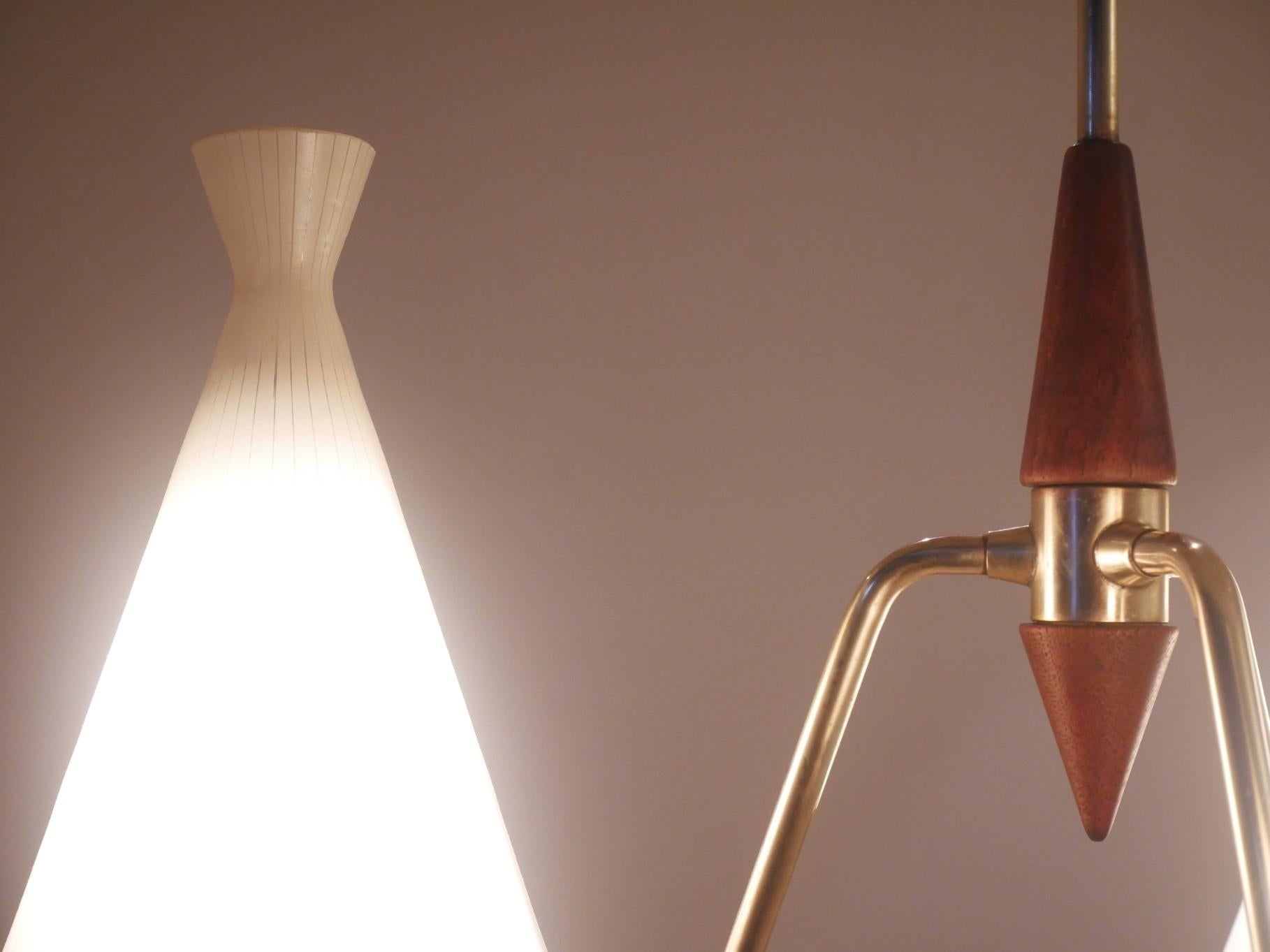 Brass Midcentury Danish Triple Milk Glass and Teak Wood Pendant Lamp by Fog & Morup For Sale
