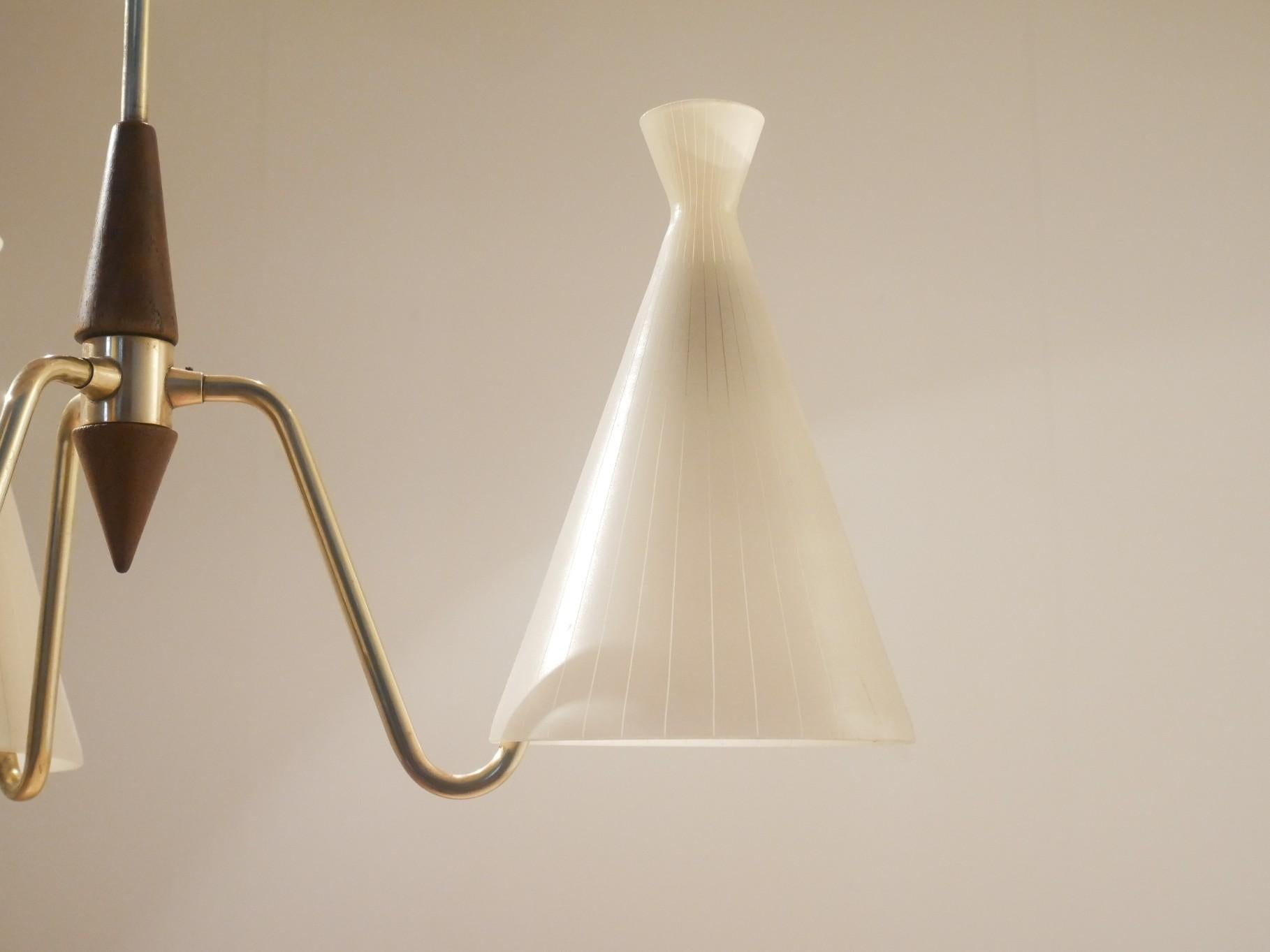 Midcentury Danish Triple Milk Glass and Teak Wood Pendant Lamp by Fog & Morup For Sale 2