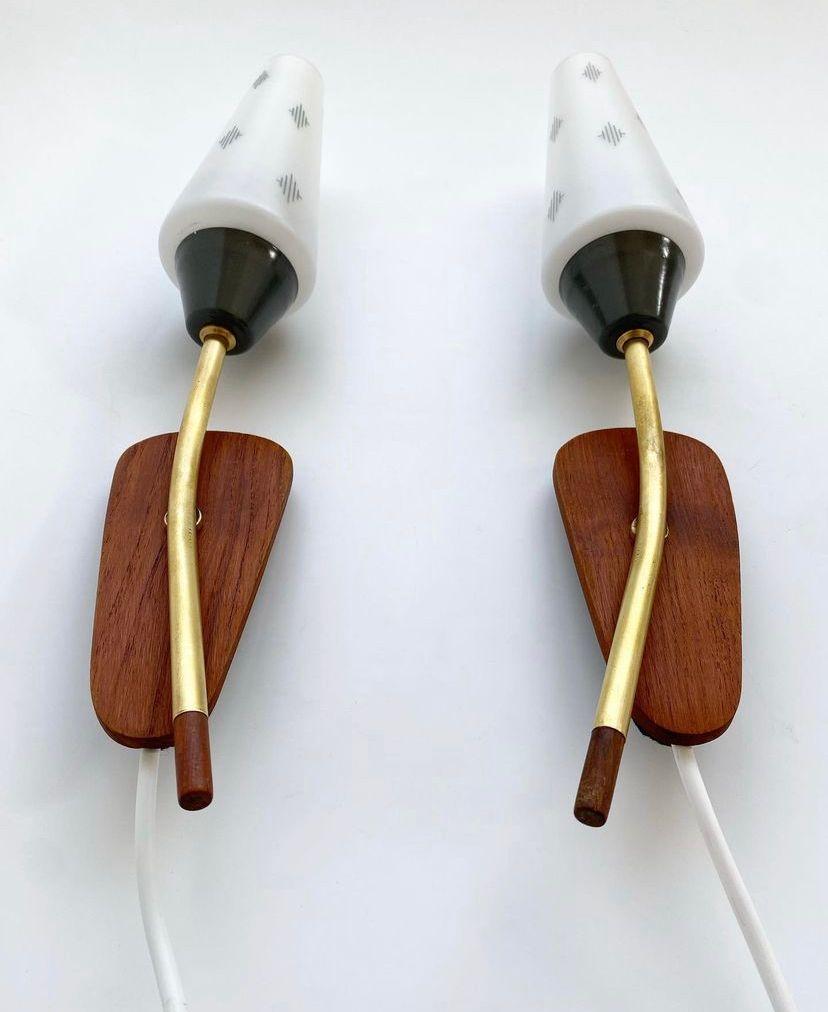 Mid-Century Modern Midcentury danish wall lamps made of teak wood, brass and milky glass 1960's  For Sale