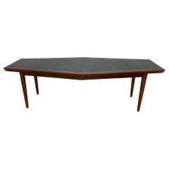 Midcentury Danish Walnut Narrow Boat Shaped Table with Black Laminate Inlay