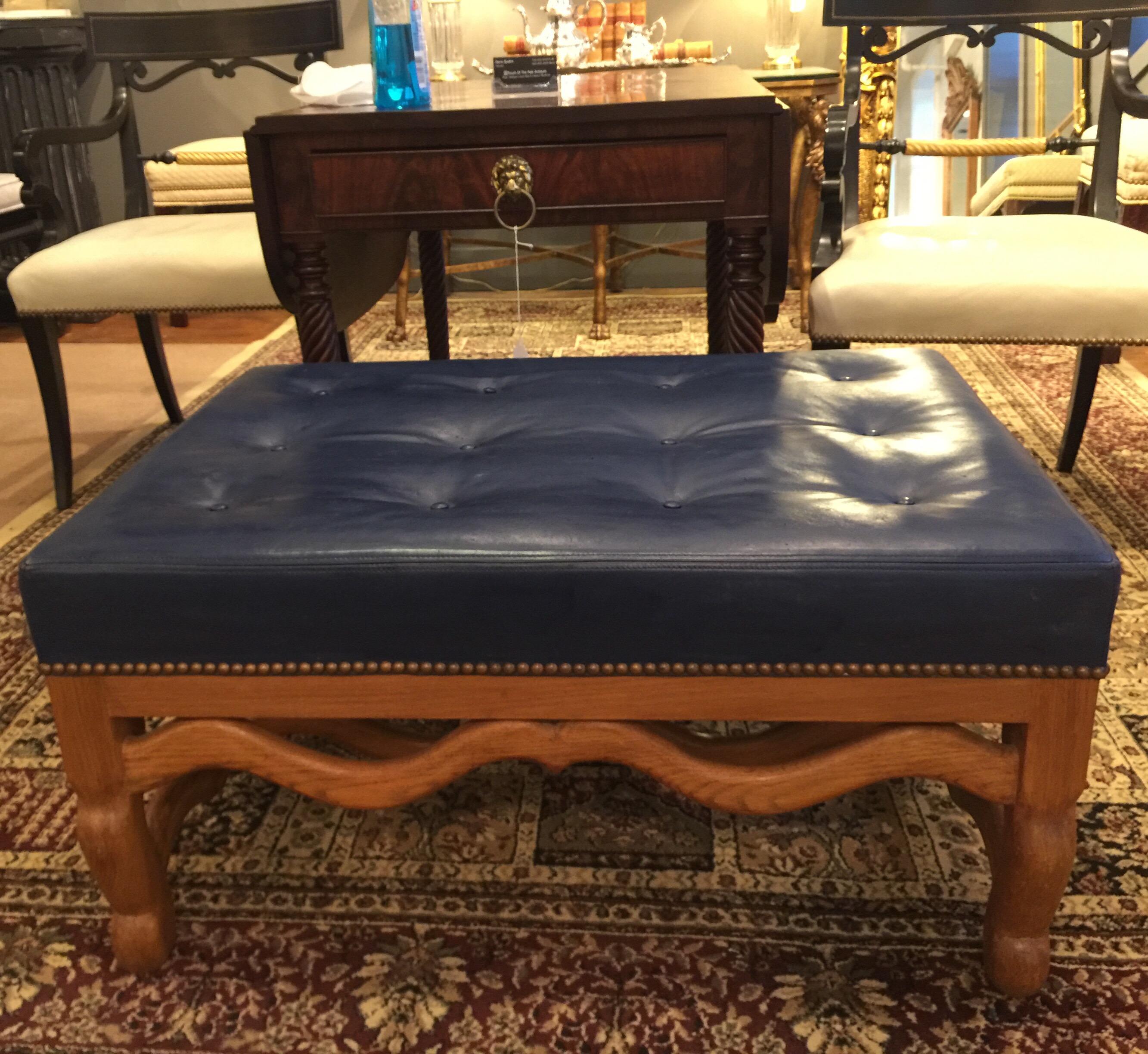 Mid-century Dark Blue Large Leather Ottoman by Baker 4