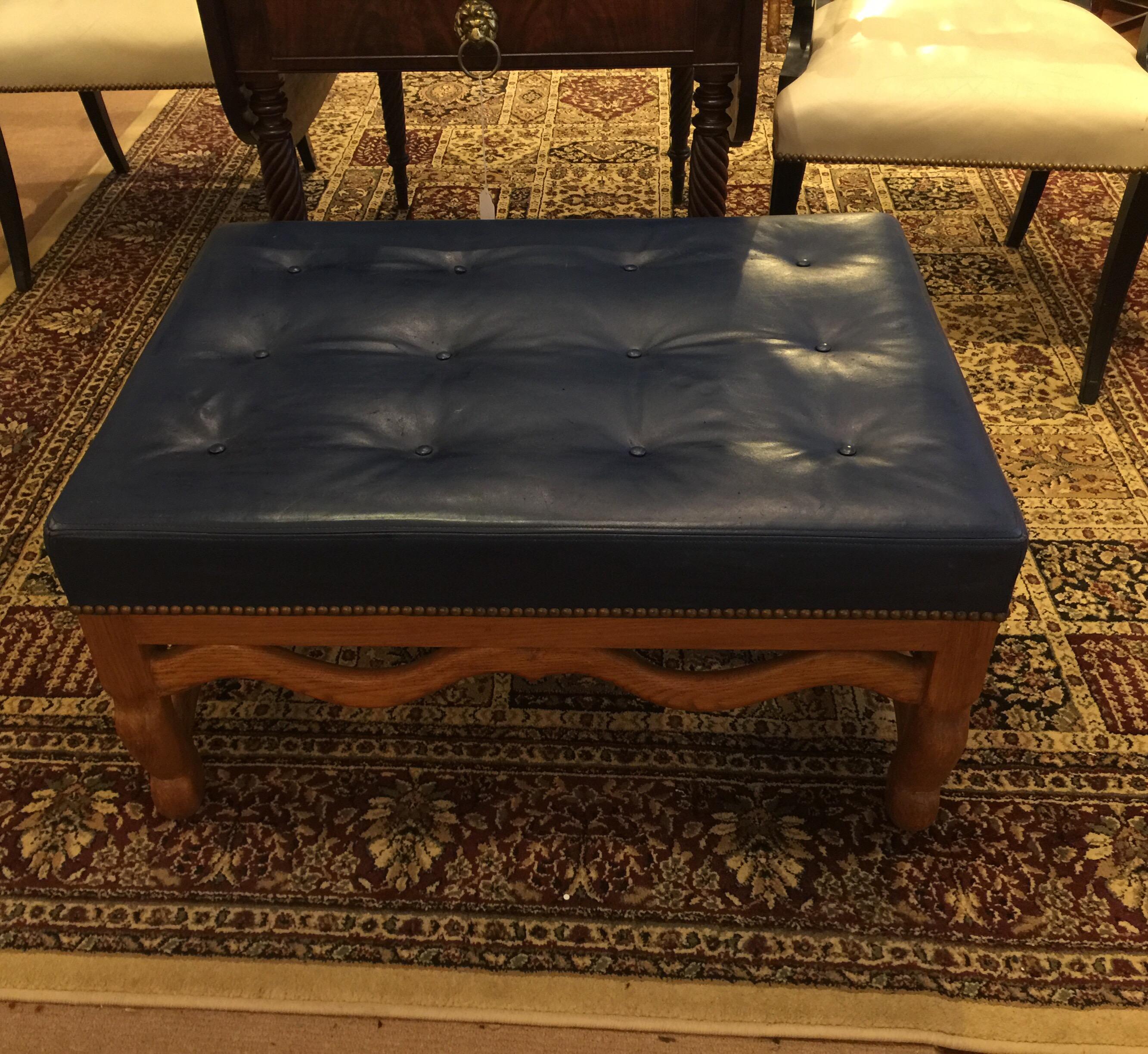 Mid-century Dark Blue Large Leather Ottoman by Baker (amerikanisch)