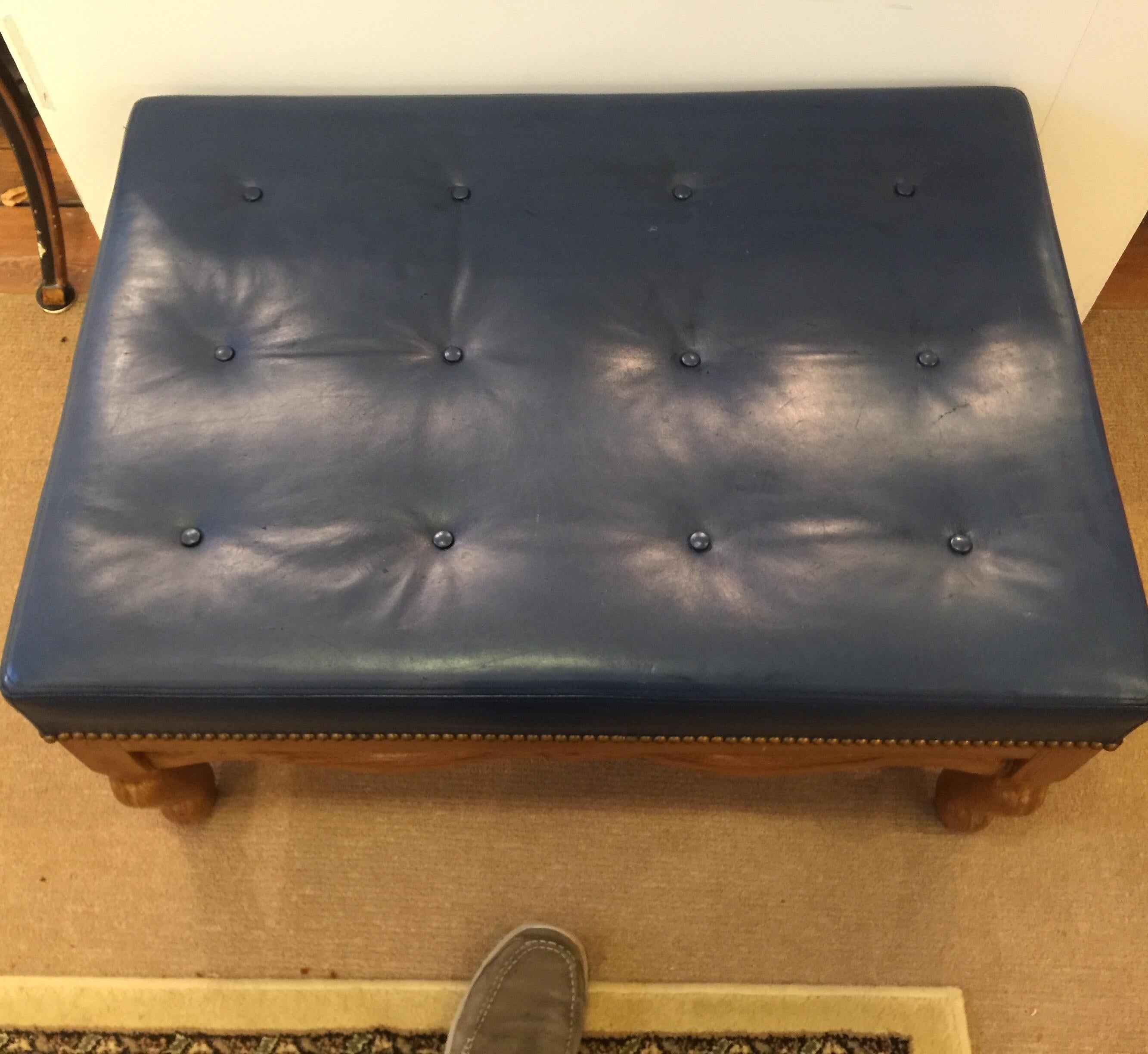 American Midcentury Dark Blue Large Leather Ottoman by Baker