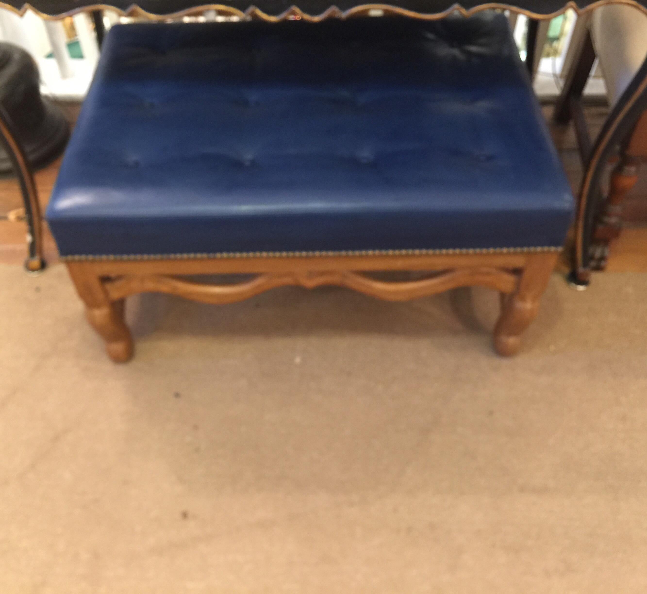 Midcentury Dark Blue Large Leather Ottoman by Baker In Good Condition In Lambertville, NJ