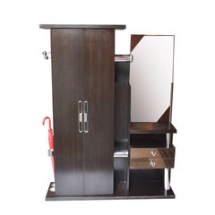 Midcentury Dark Wood Wardrobe Hanger, Mirror Drawers and Umbrella Holders, 1970s