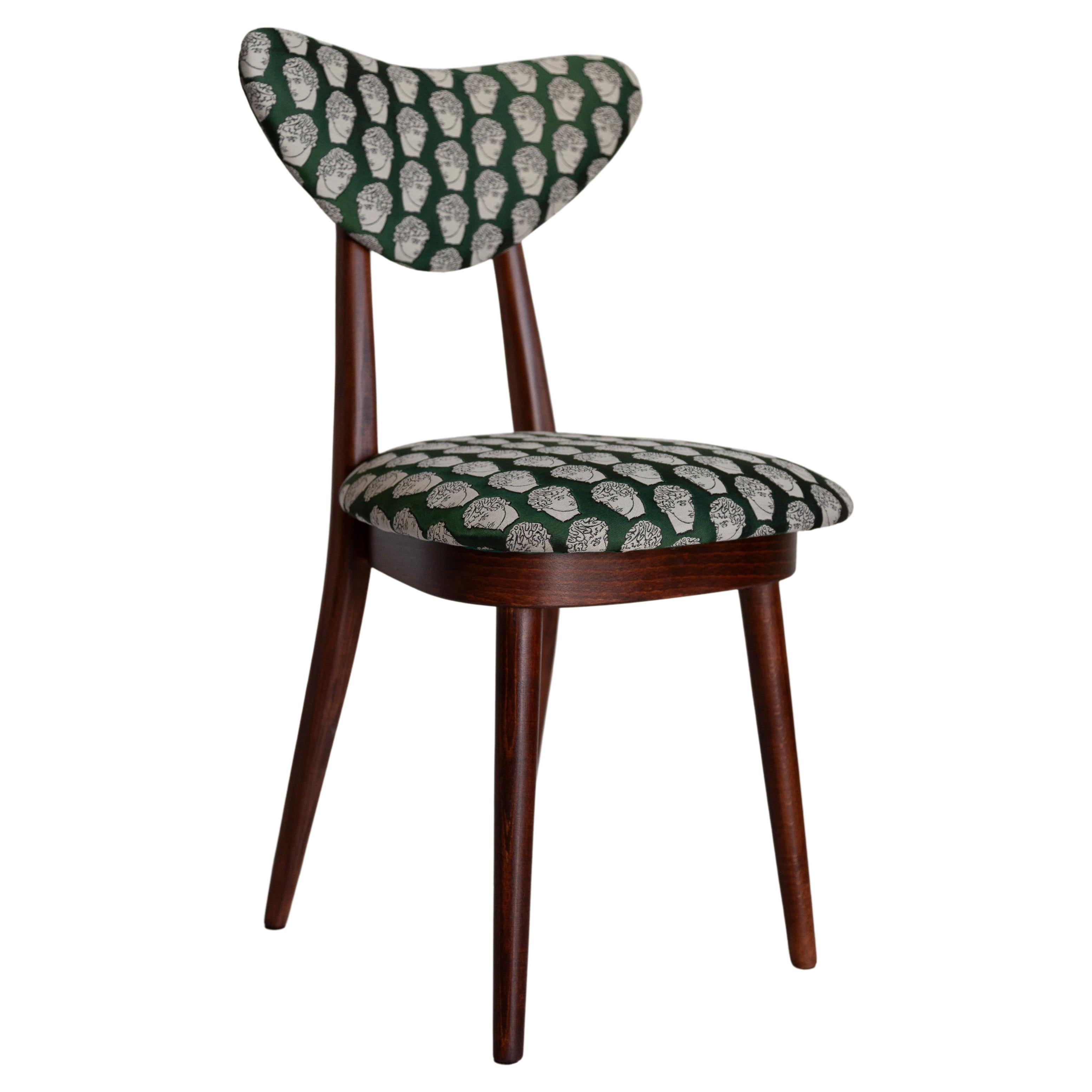 Midcentury David Print Emerald Satin, Walnut Wood Heart Chair, Europe, 1960s