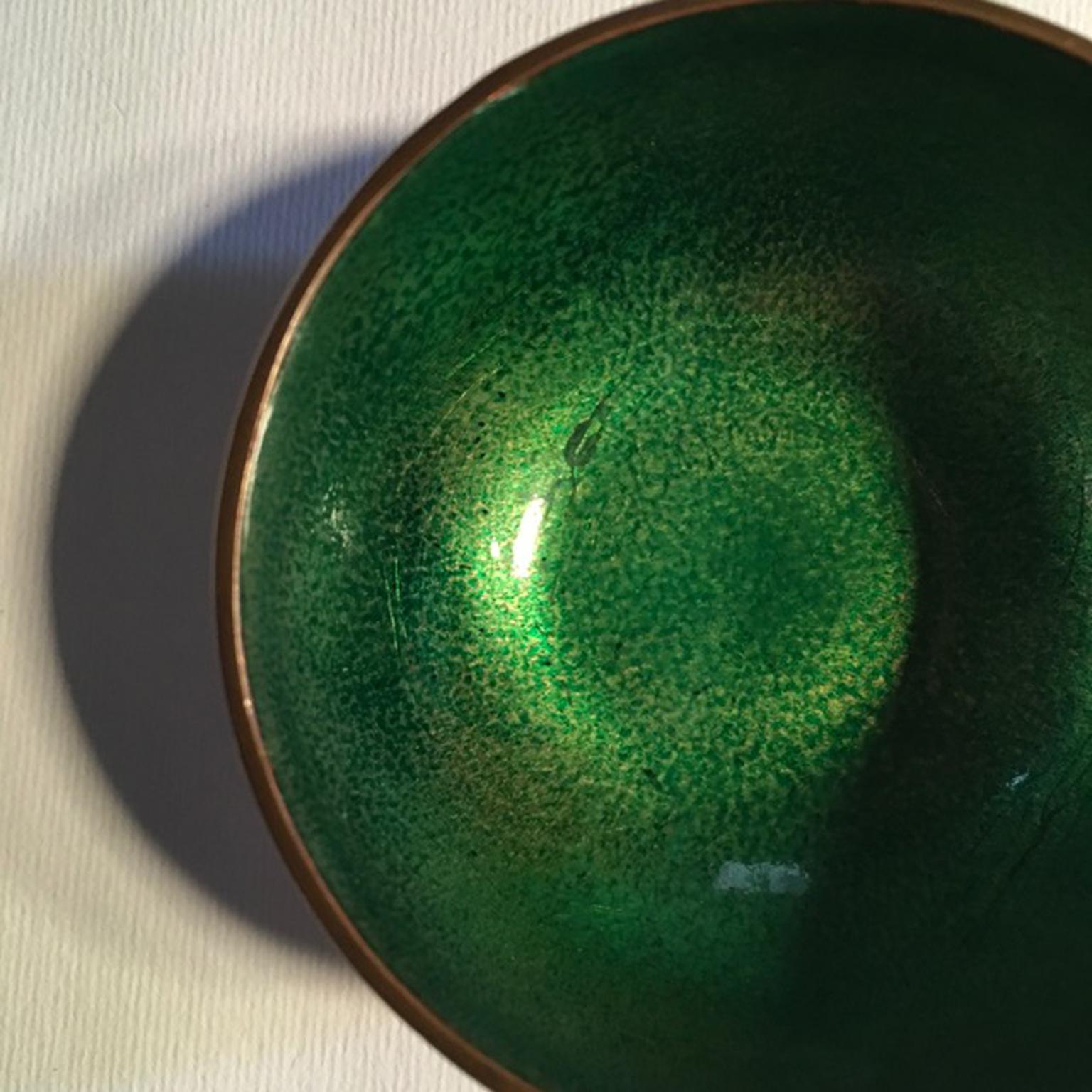 Midcentury De Poli Malachite Green Colored  Enameled Brass set 4 Serveware Bowls 3