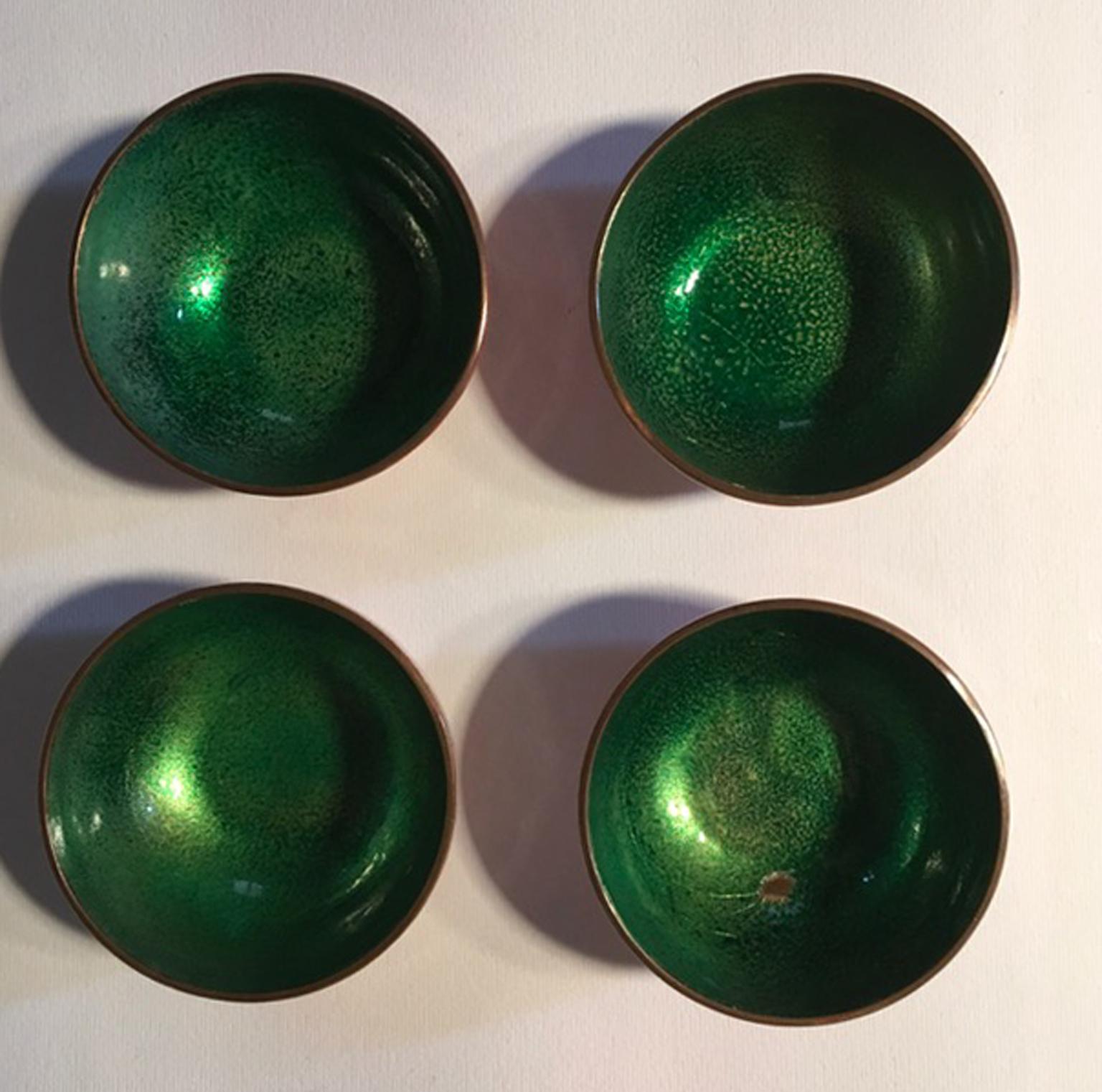 Mid-Century Modern Midcentury De Poli Malachite Green Colored  Enameled Brass set 4 Serveware Bowls
