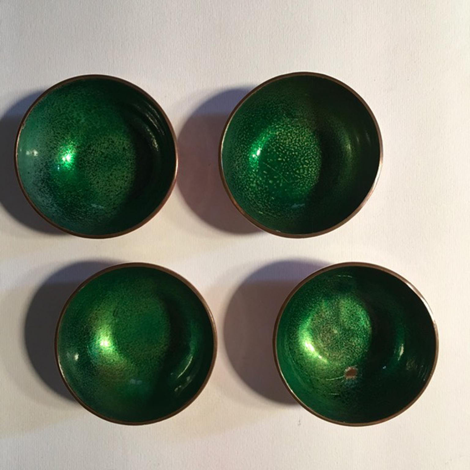 Italian Midcentury De Poli Malachite Green Colored  Enameled Brass set 4 Serveware Bowls
