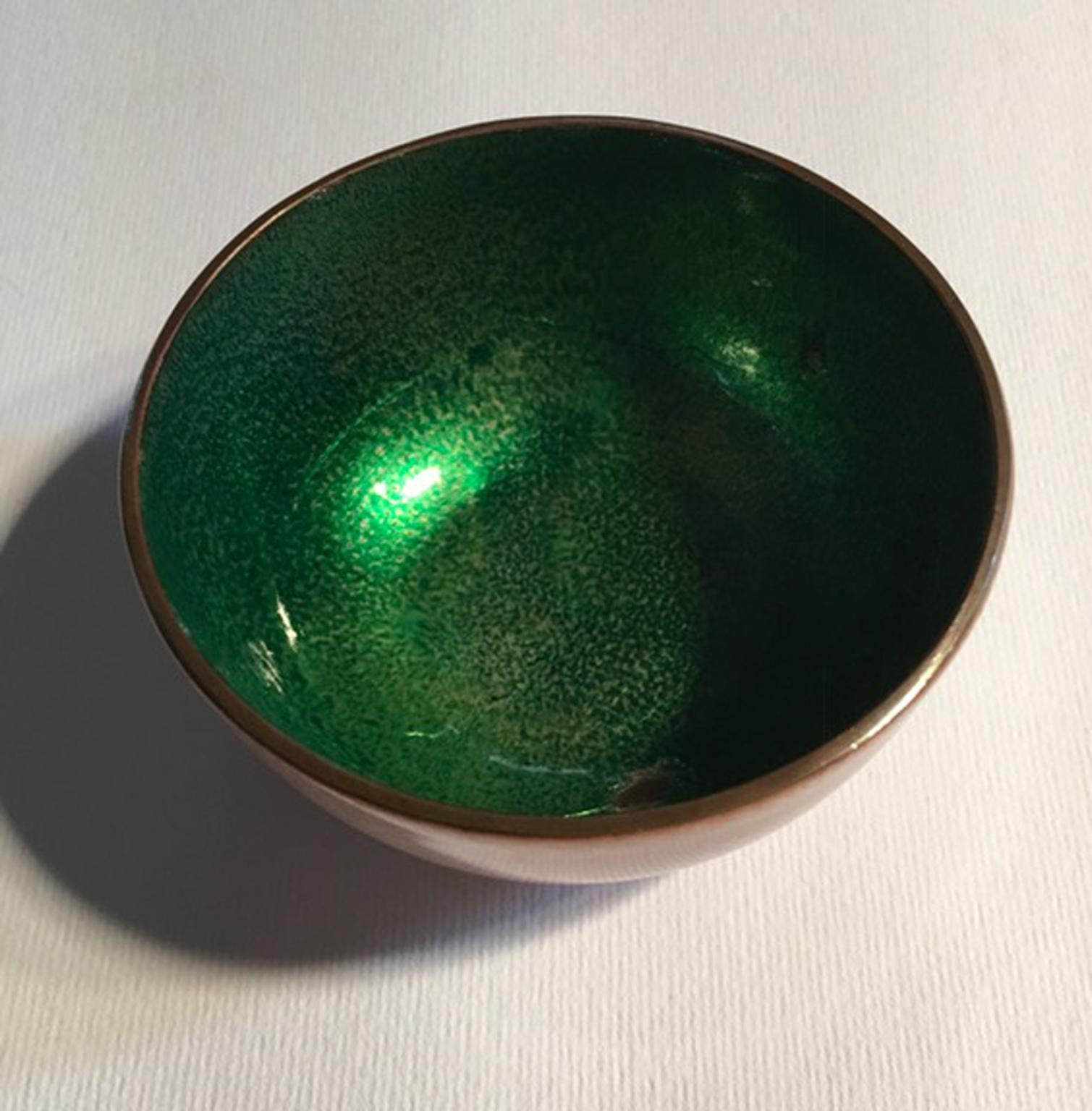Hand-Crafted Midcentury De Poli Malachite Green Colored  Enameled Brass set 4 Serveware Bowls