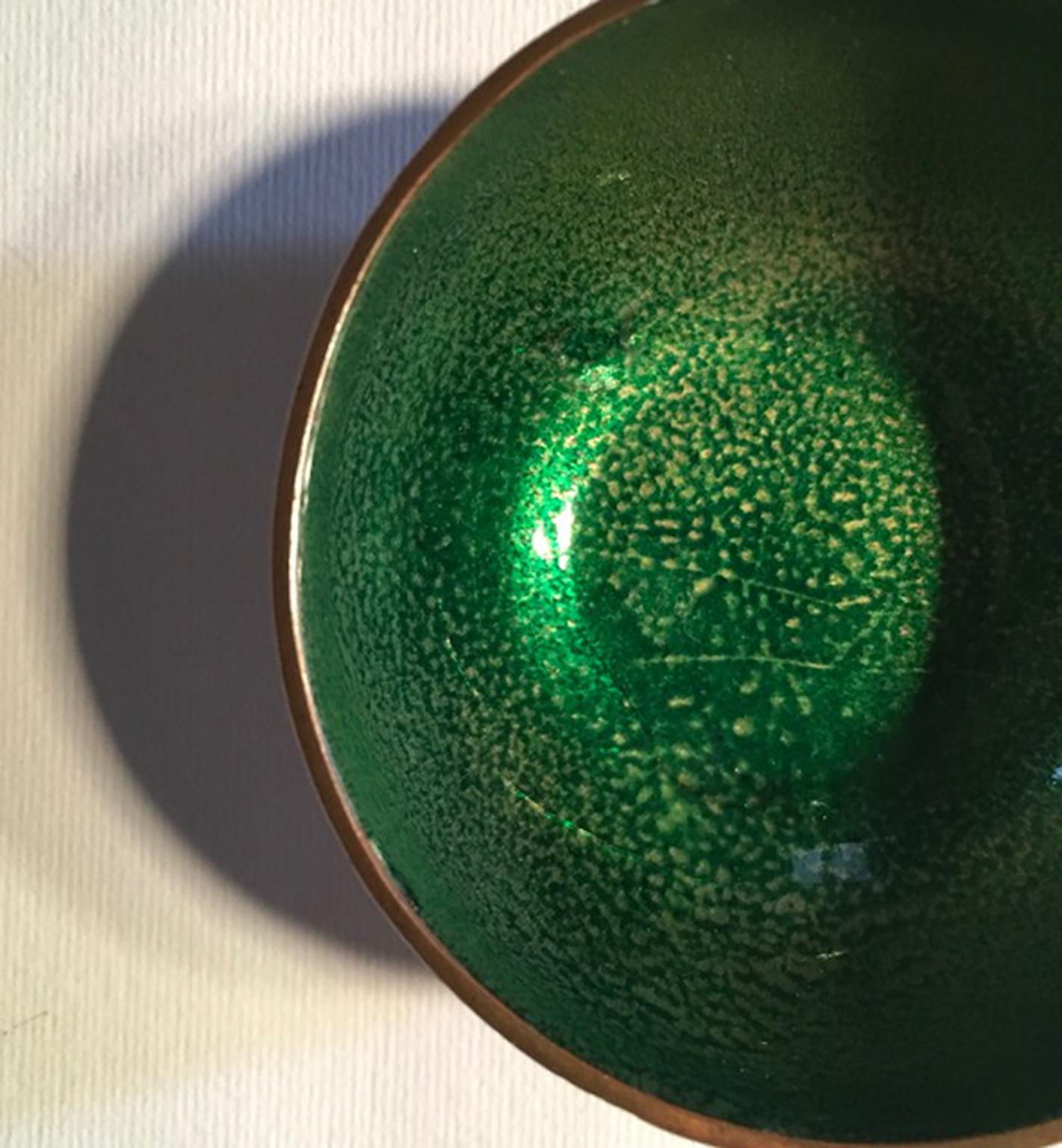 Midcentury De Poli Malachite Green Colored  Enameled Brass set 4 Serveware Bowls 1