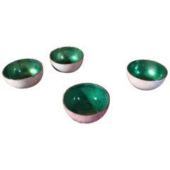 Midcentury De Poli Malachite Green Colored  Enameled Brass set 4 Serveware Bowls