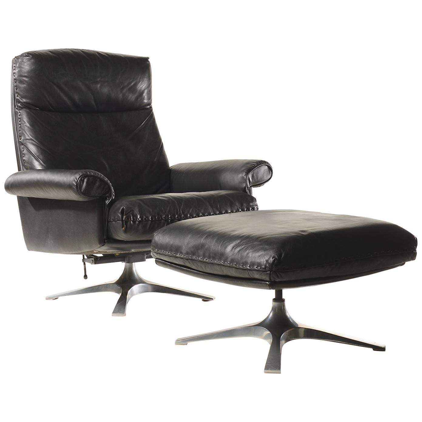 Midcentury De Sede DS 31 High-Back Swivel Lounge Armchair with Ottoman, 1970