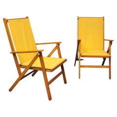 Midcentury Deck Chairs Wood Yellow Canvas Fratelli Reguitti Italy 1960s Set of 2