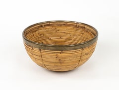 Midcentury Decorative Basket or Bowl in Rattan, Wicker and Brass, Italy 1970s