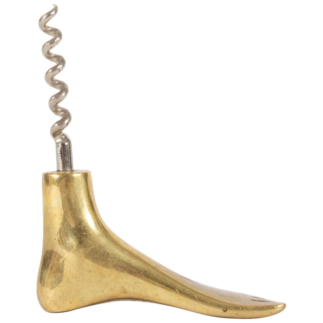 Midcentury Decorative Brass Corkscrew in Shape of a Foot by Carl Auböck, 1950s For Sale