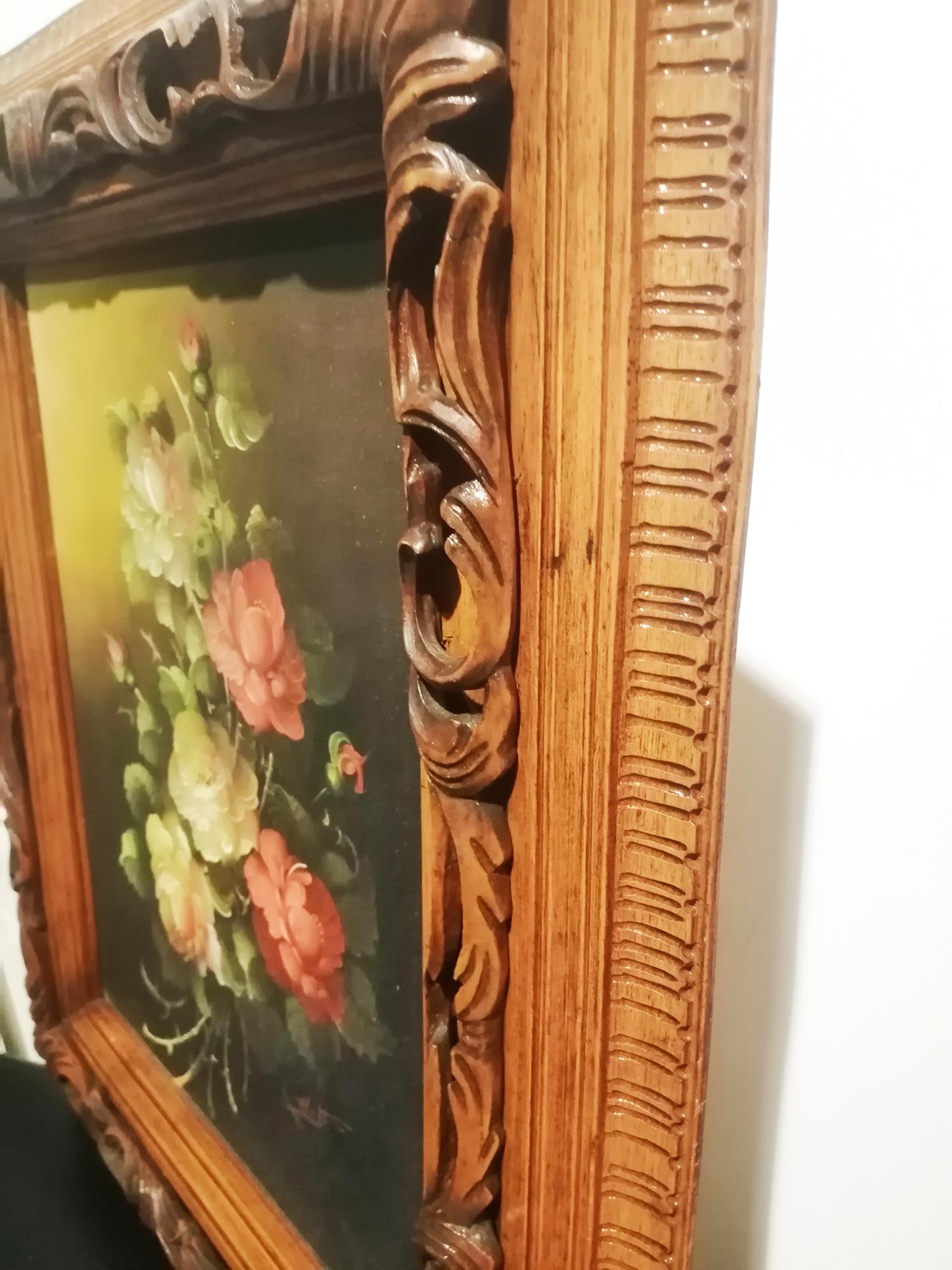 Resin Midcentury Decorative Painting with a Bouquet of Flowers Painted in Oil on Wood For Sale