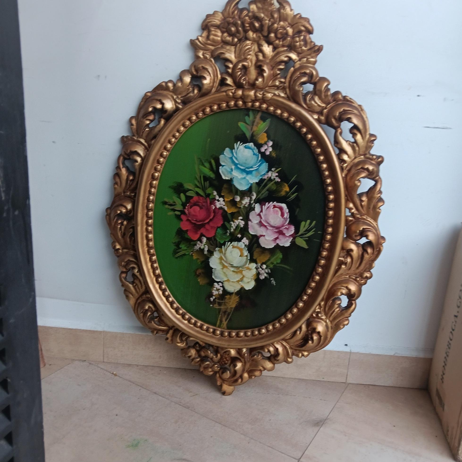 Dekoratives Gemälde aus der Mitte des Jahrhunderts mit Blumenstrauß, gemalt in Öl auf Holz im Angebot 3