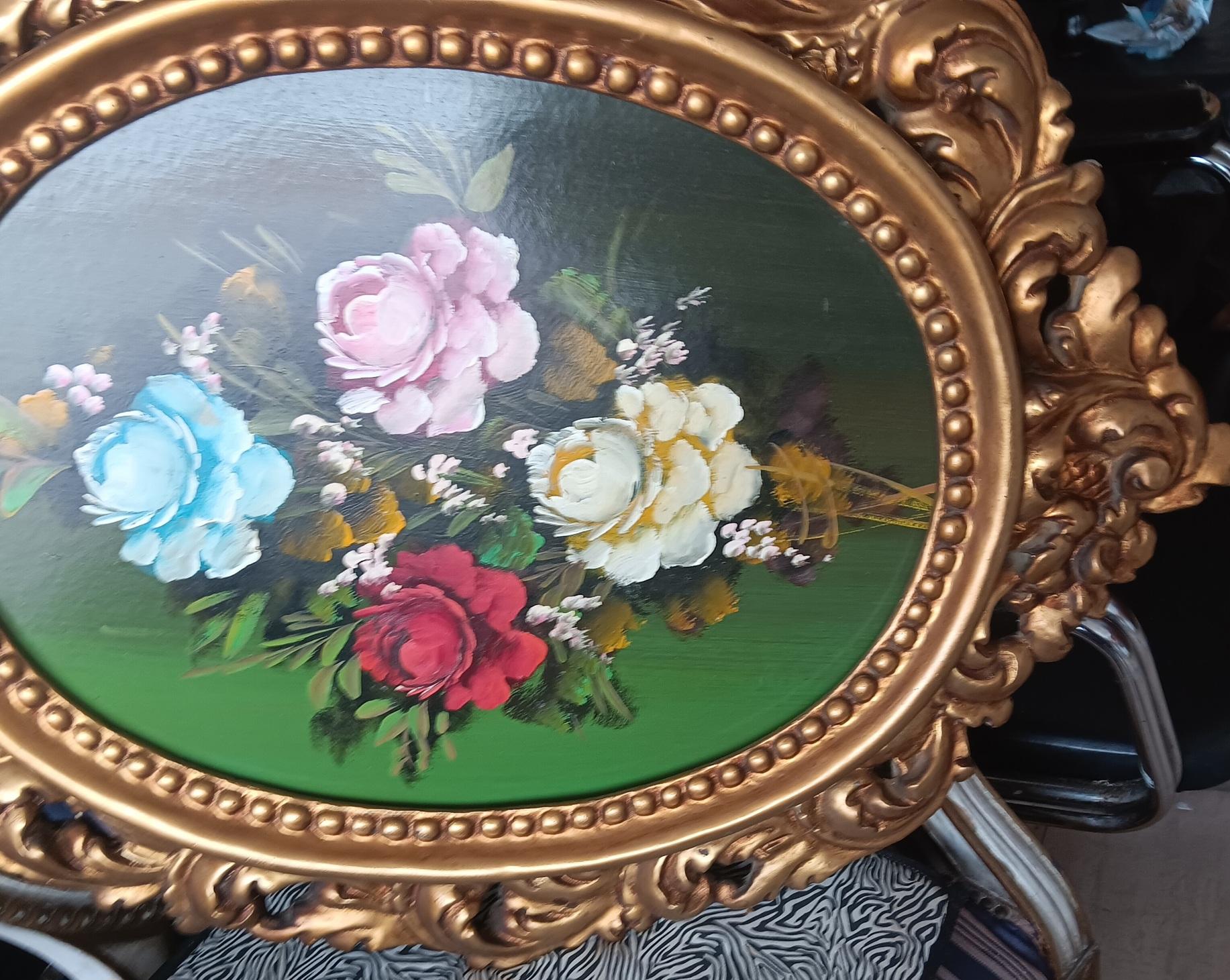 Dekoratives Gemälde aus der Mitte des Jahrhunderts mit Blumenstrauß, gemalt in Öl auf Holz im Angebot 4