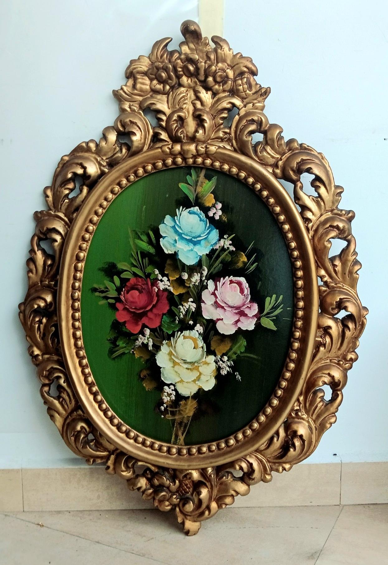 Dekoratives Gemälde aus der Mitte des Jahrhunderts mit Blumenstrauß, gemalt in Öl auf Holz im Angebot 5