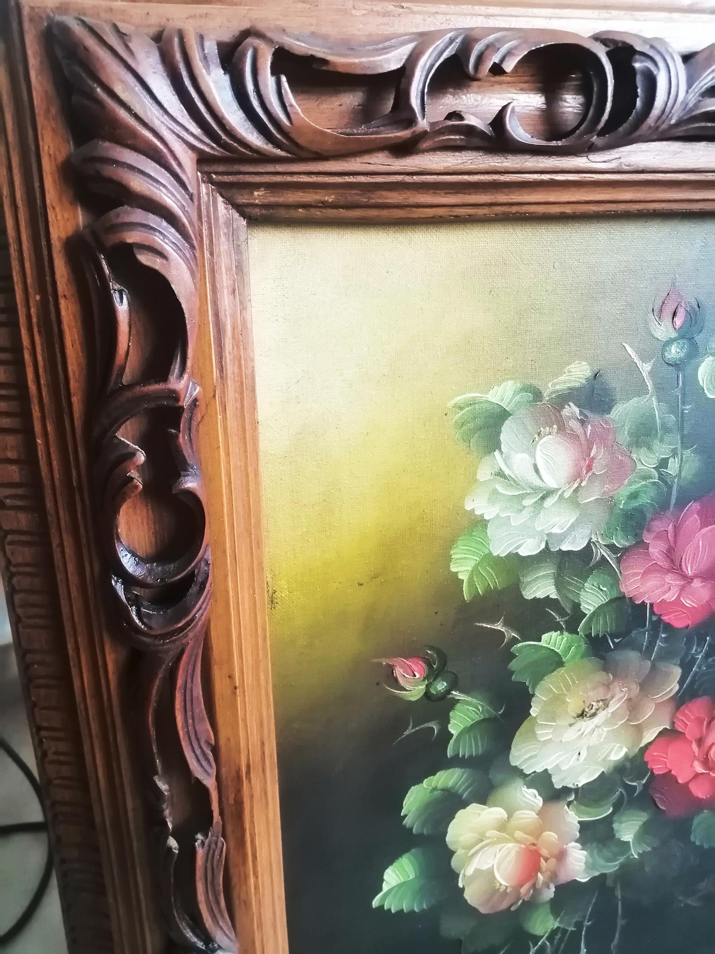 Peinture décorative du milieu du siècle avec un bouquet de fleurs peinte à l'huile sur bois en vente 7