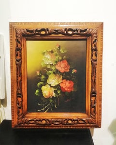 Midcentury Decorative Painting with a Bouquet of Flowers Painted in Oil on Wood