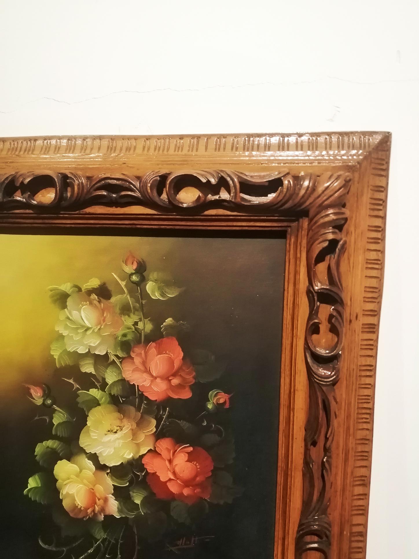Victorien Peinture décorative du milieu du siècle avec un bouquet de fleurs peinte à l'huile sur bois en vente