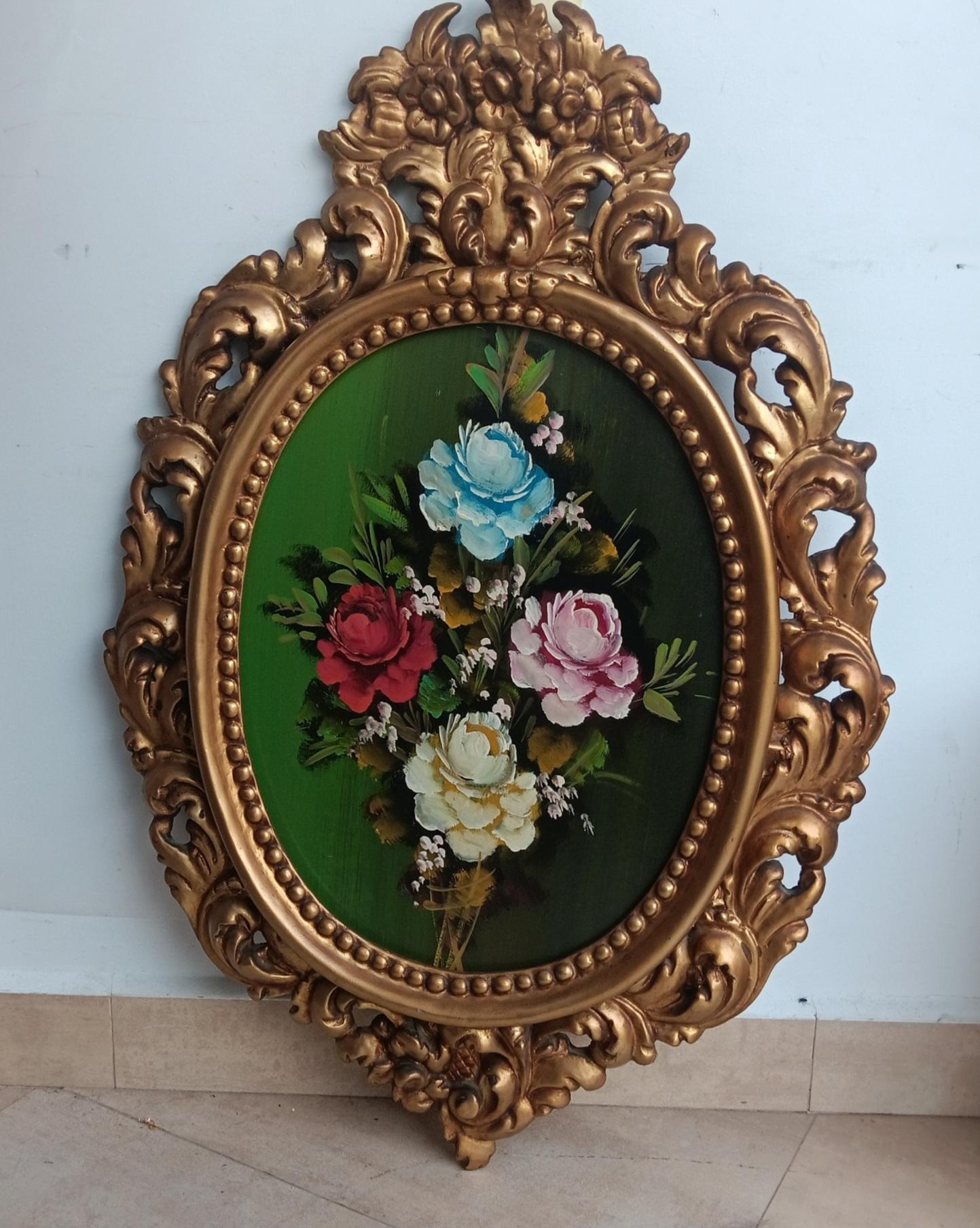 Dekoratives Gemälde aus der Mitte des Jahrhunderts mit Blumenstrauß, gemalt in Öl auf Holz (Französisch) im Angebot