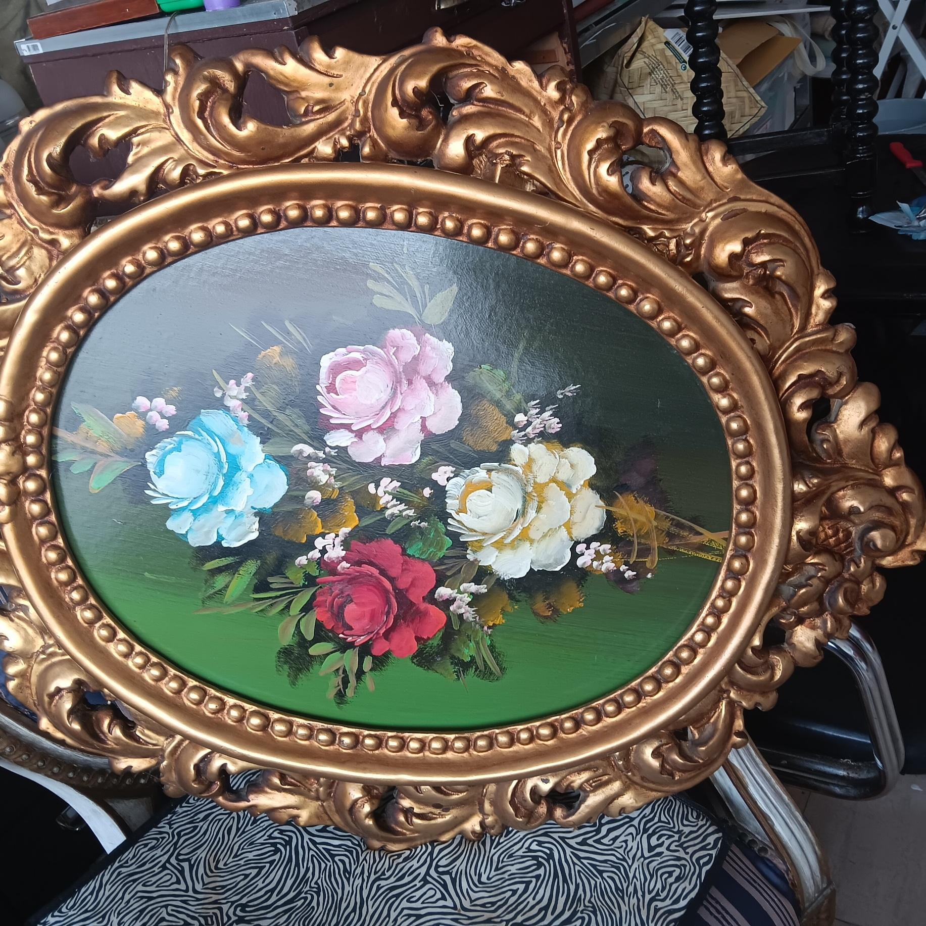 Dekoratives Gemälde aus der Mitte des Jahrhunderts mit Blumenstrauß, gemalt in Öl auf Holz im Zustand „Hervorragend“ im Angebot in Mombuey, Zamora