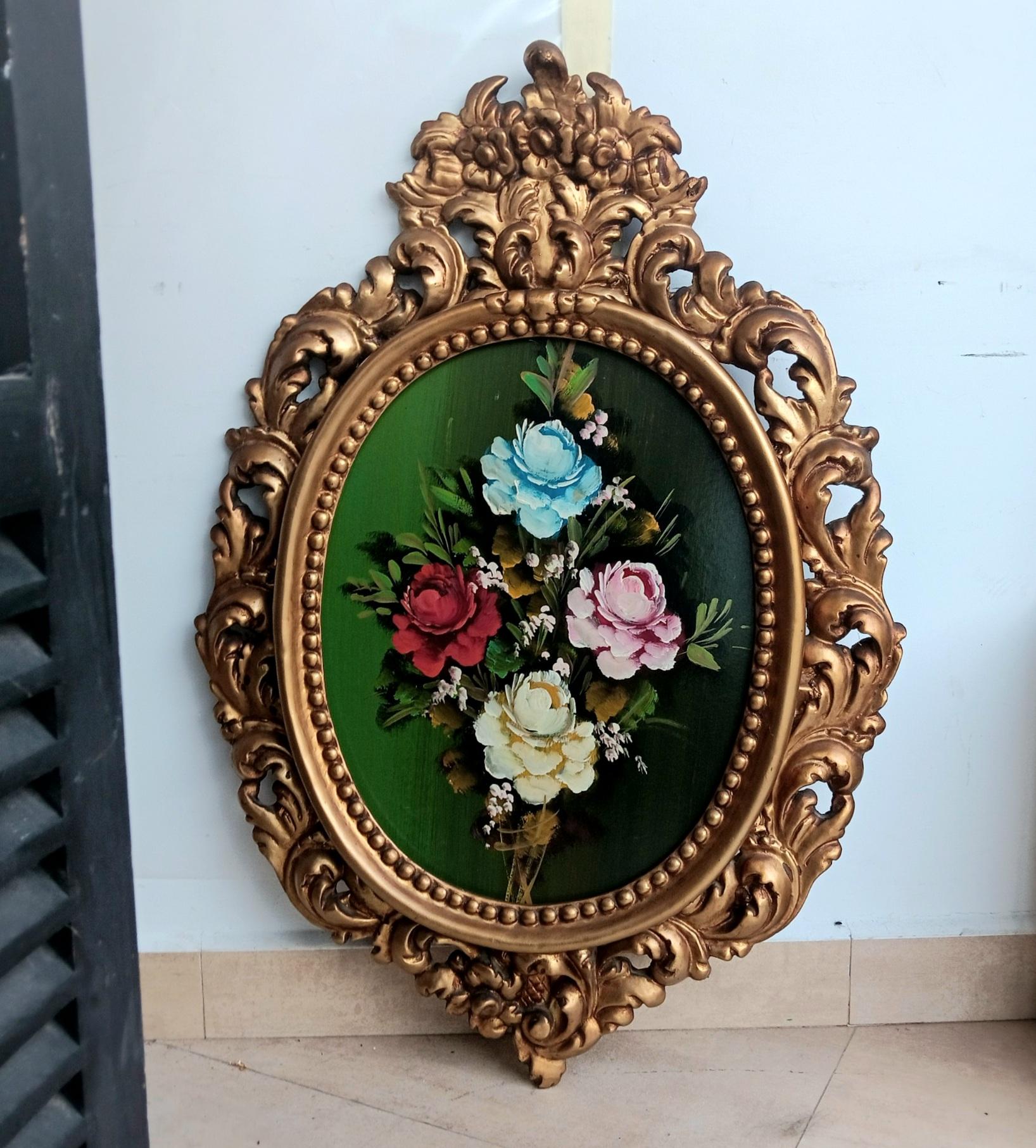 Dekoratives Gemälde aus der Mitte des Jahrhunderts mit Blumenstrauß, gemalt in Öl auf Holz (20. Jahrhundert) im Angebot