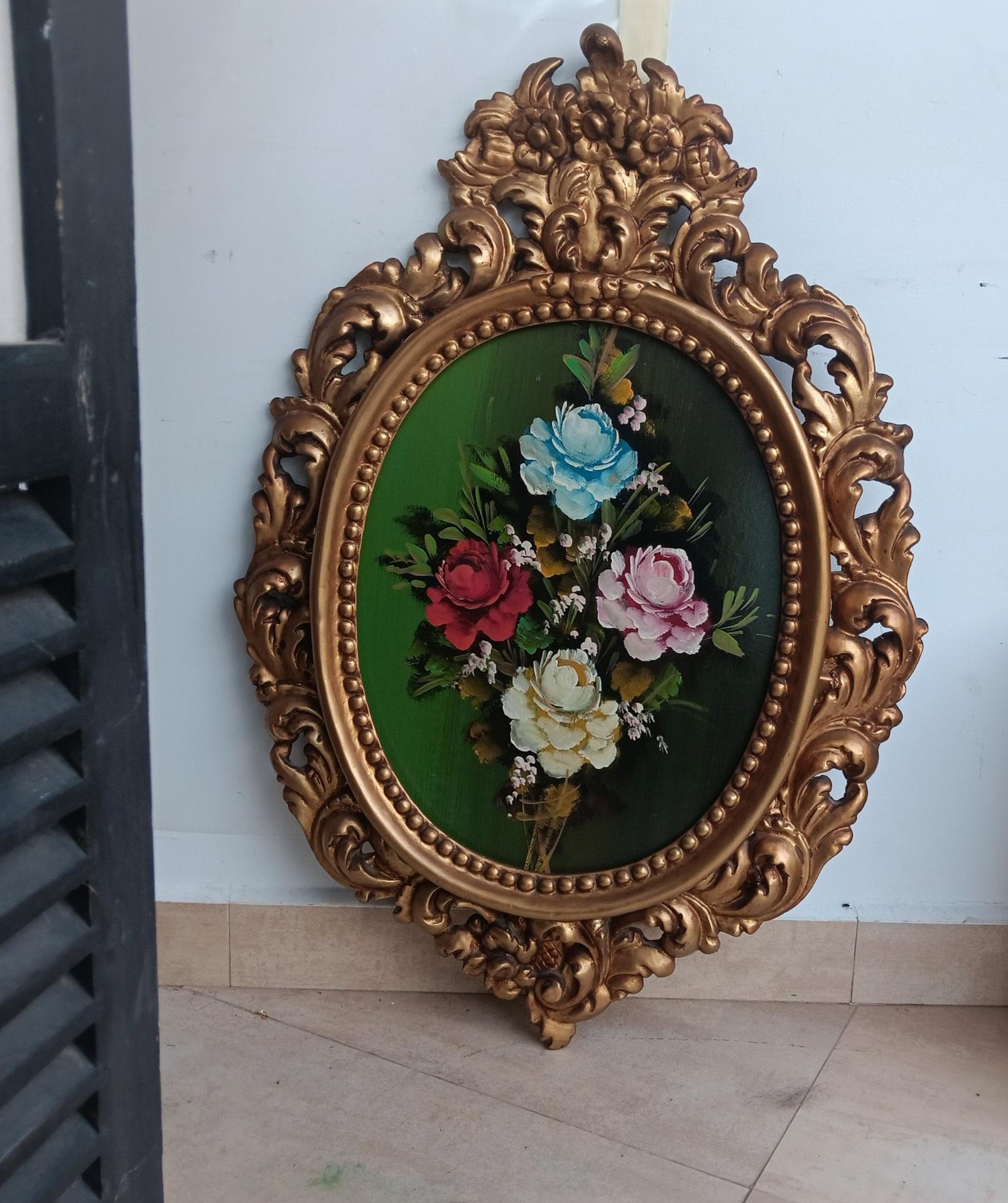 Dekoratives Gemälde aus der Mitte des Jahrhunderts mit Blumenstrauß, gemalt in Öl auf Holz (Harz) im Angebot