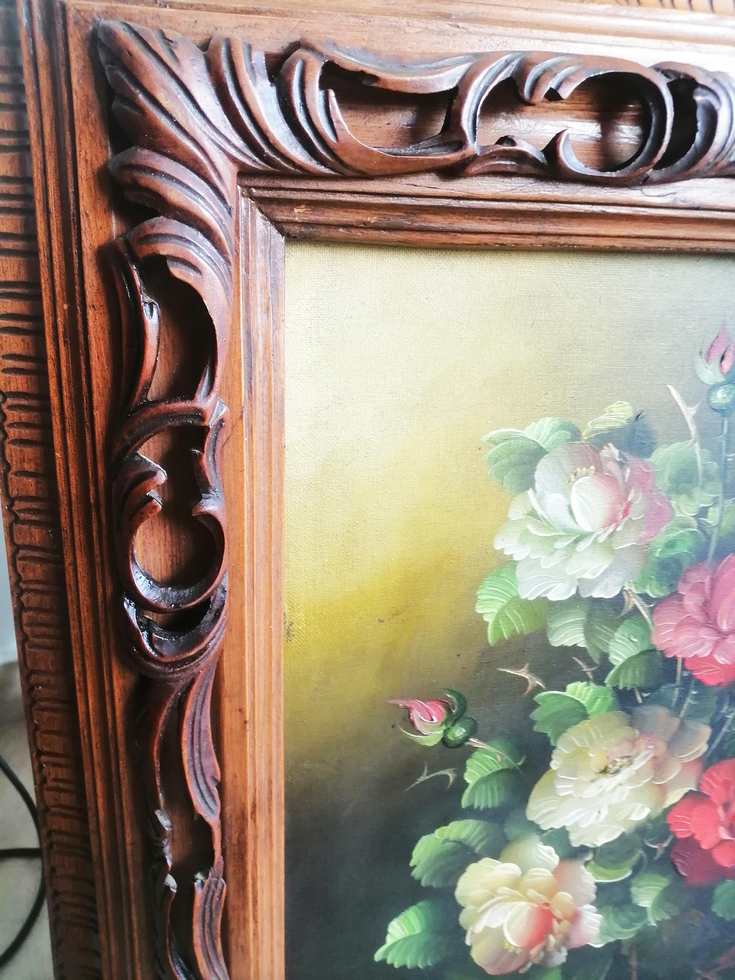 Peinture décorative du milieu du siècle avec un bouquet de fleurs peinte à l'huile sur bois en vente 1