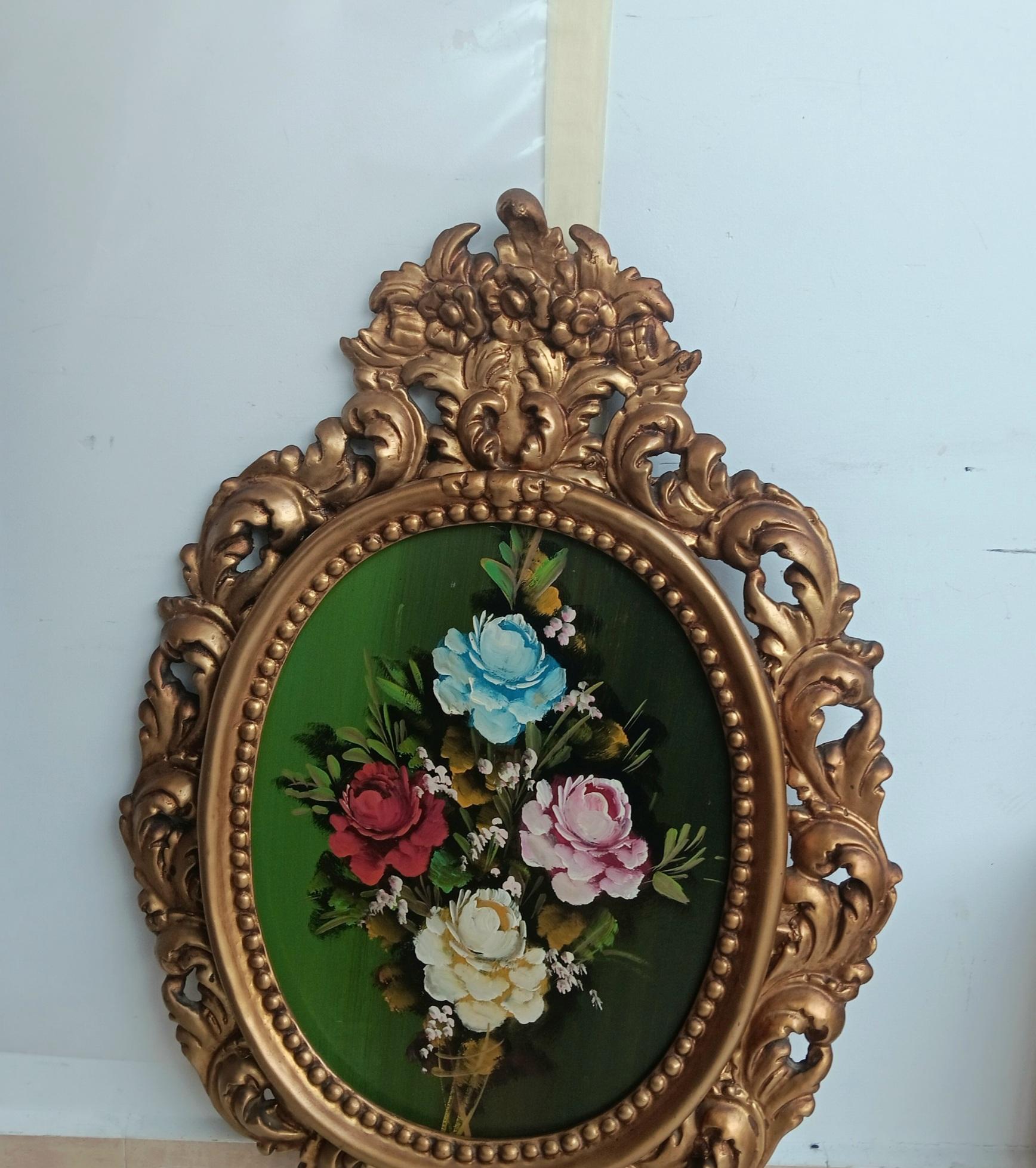 Dekoratives Gemälde aus der Mitte des Jahrhunderts mit Blumenstrauß, gemalt in Öl auf Holz im Angebot 1