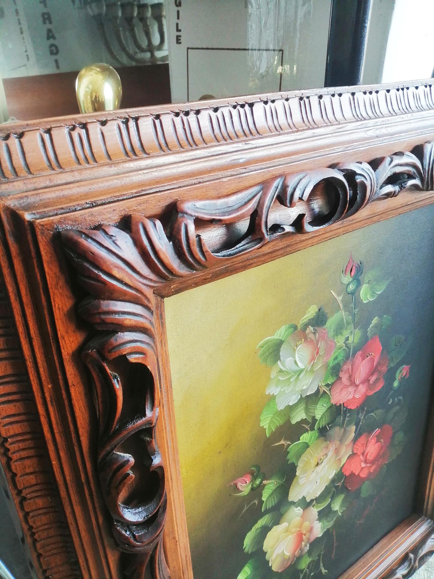 Peinture décorative du milieu du siècle avec un bouquet de fleurs peinte à l'huile sur bois en vente 2