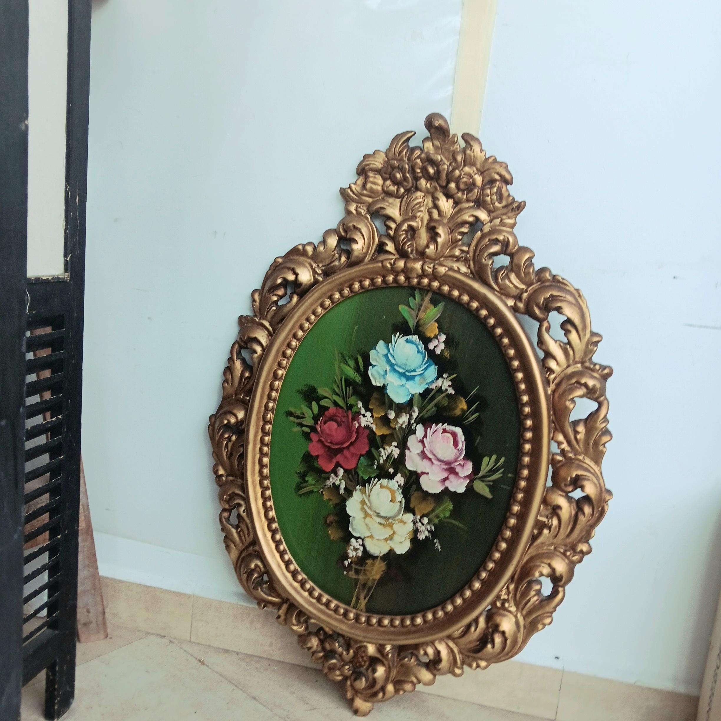 Dekoratives Gemälde aus der Mitte des Jahrhunderts mit Blumenstrauß, gemalt in Öl auf Holz im Angebot 2