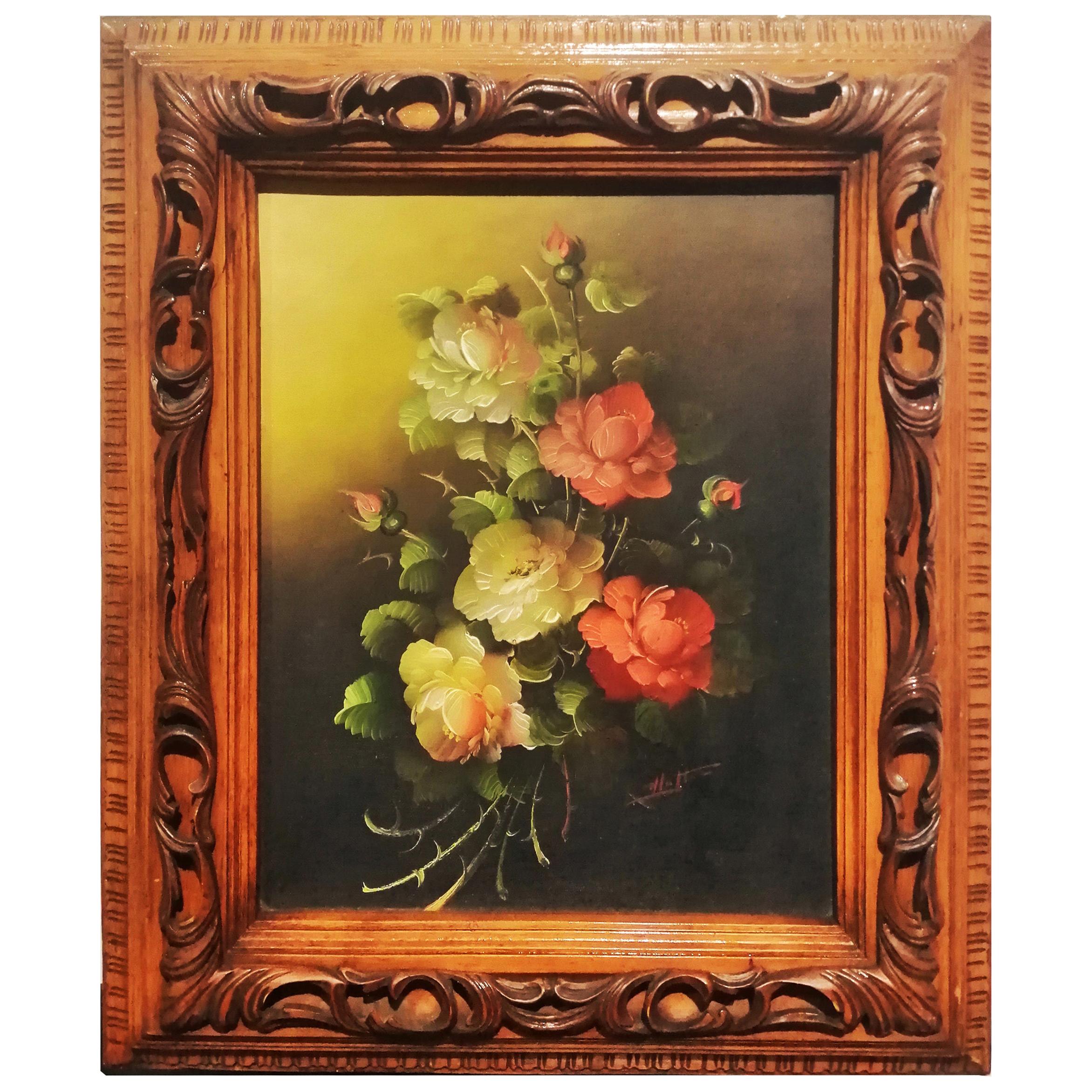 Peinture décorative du milieu du siècle avec un bouquet de fleurs peinte à l'huile sur bois