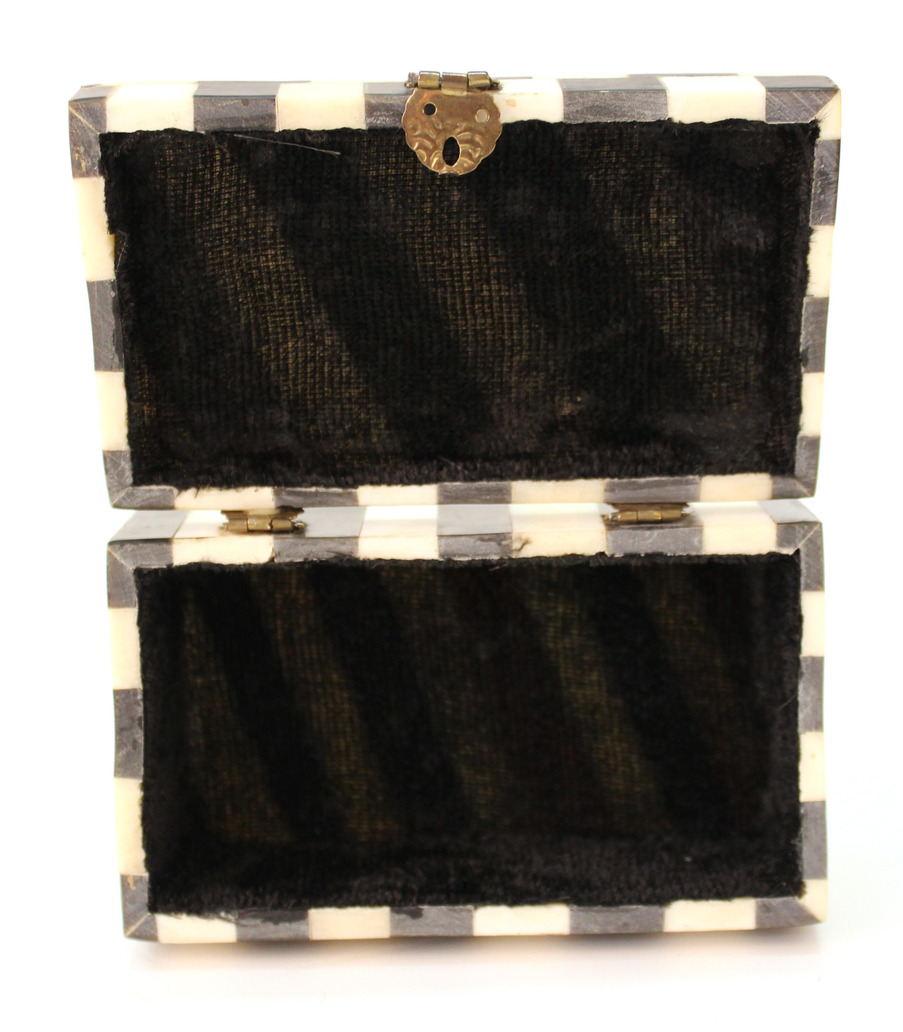 Metal Midcentury Decorative White Bone and Black Striped Box