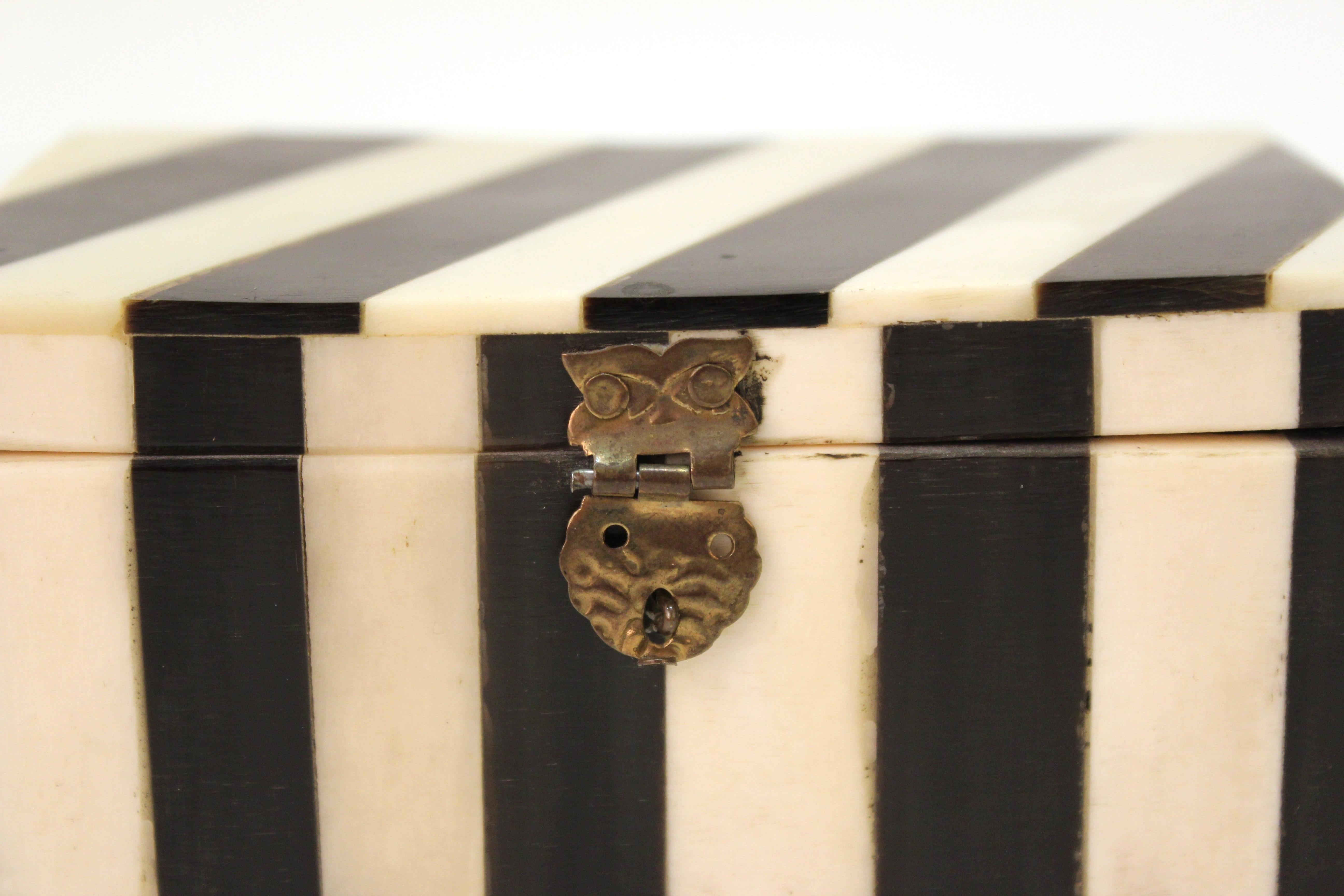 Midcentury Decorative White Bone and Black Striped Box 1