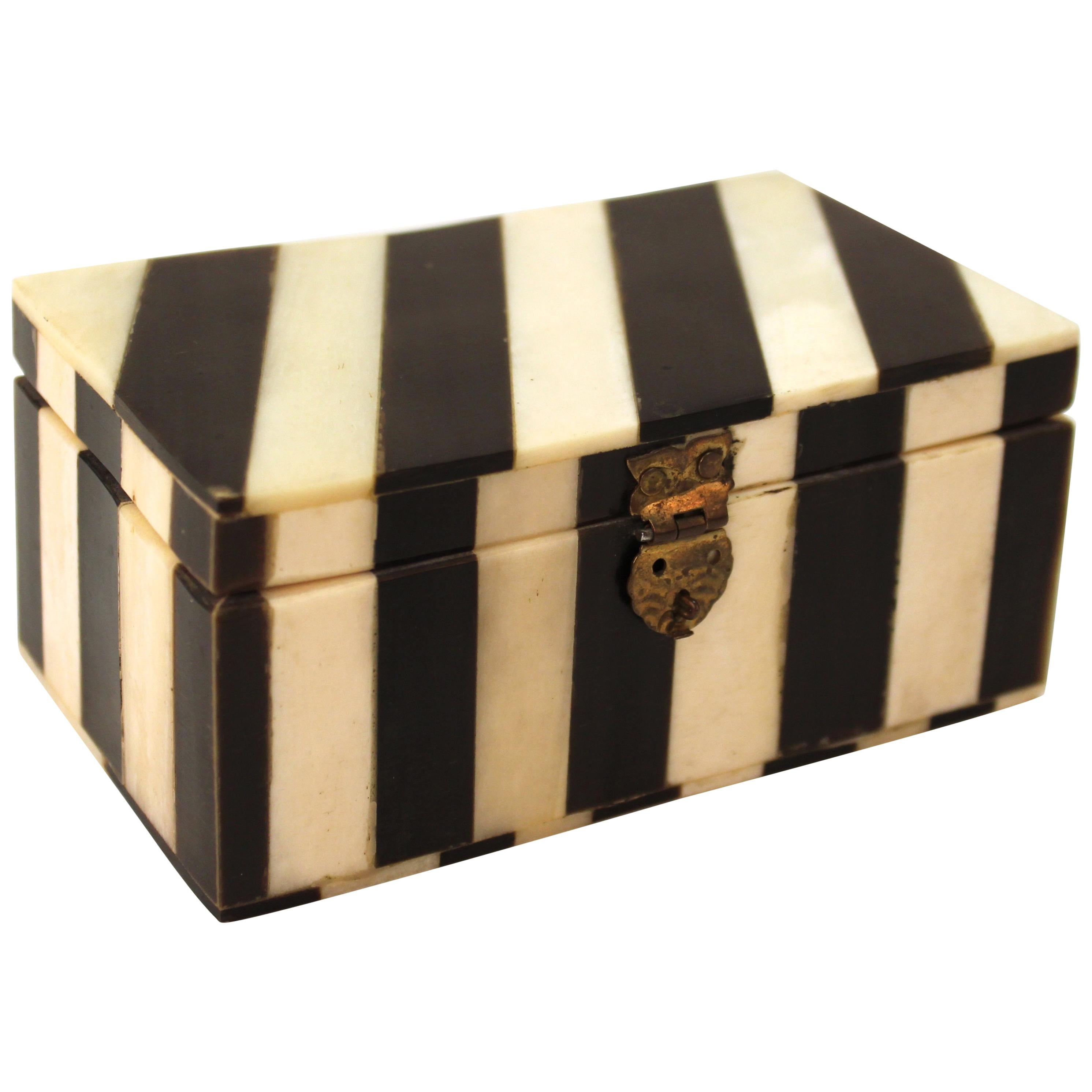 Midcentury Decorative White Bone and Black Striped Box