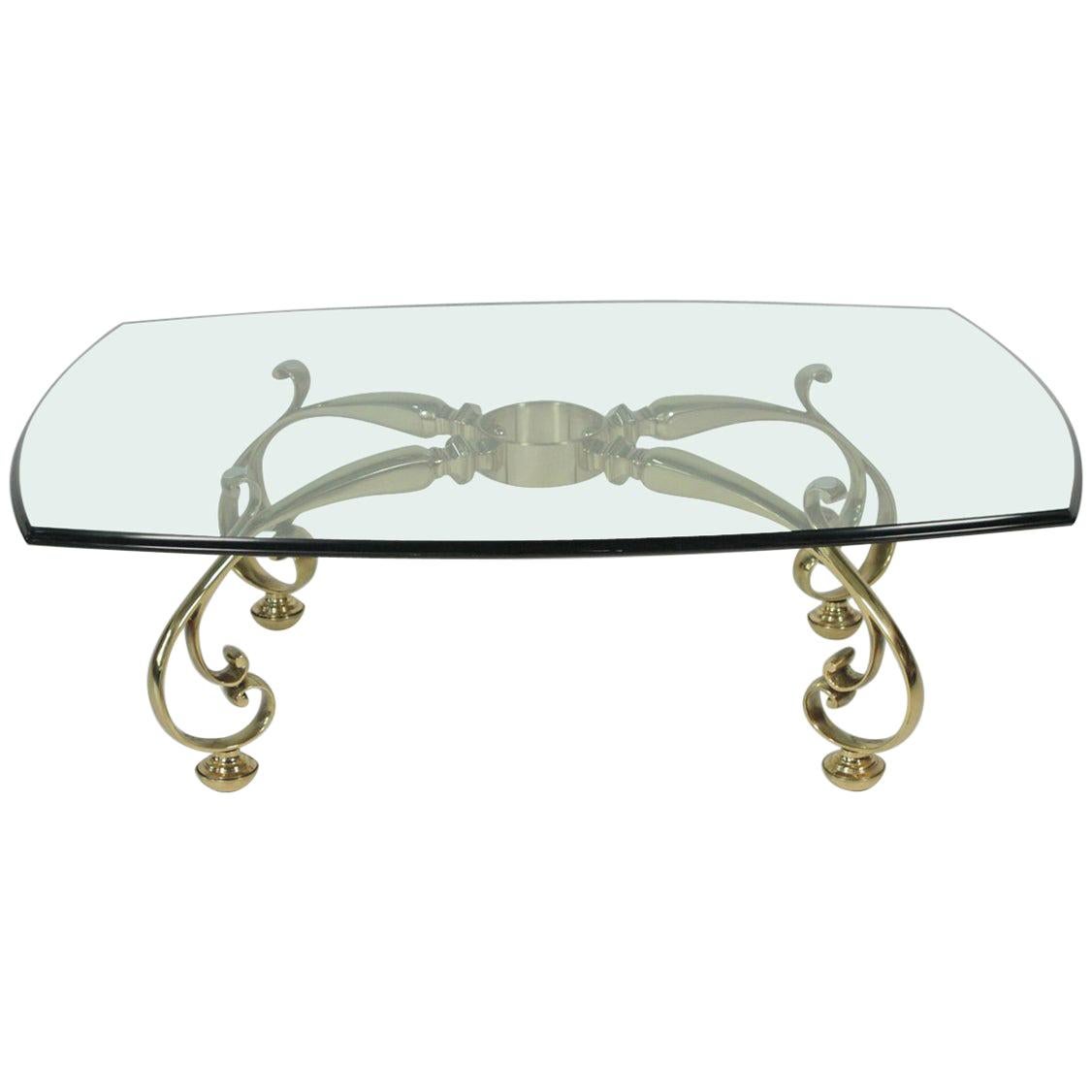 Midcentury Decorator Solid Brass Cocktail Table with Glass Top