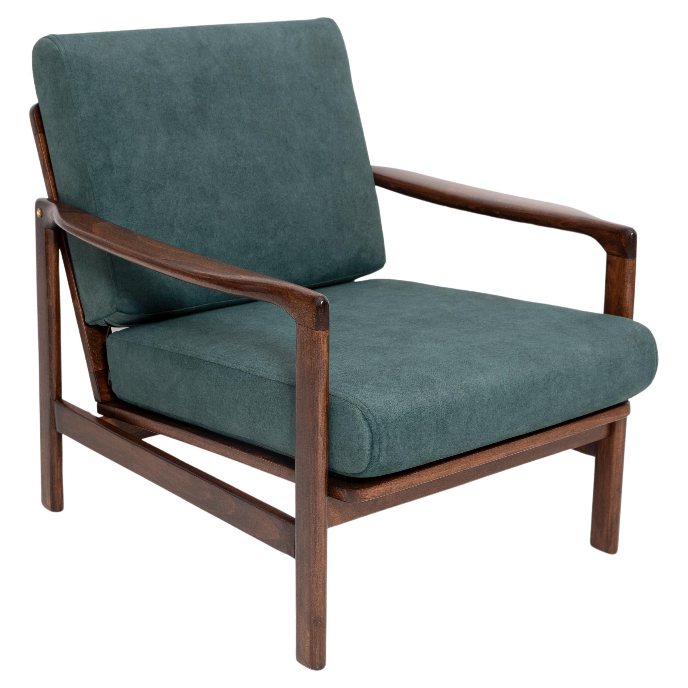 Midcentury Deep Green Velvet Armchair, Zenon Baczyk, Poland, 1960s For Sale